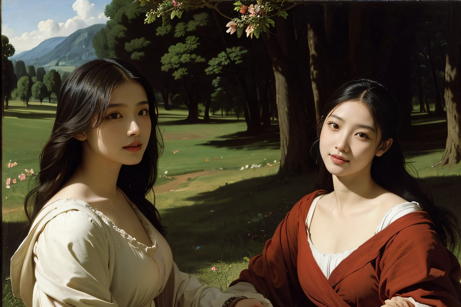 Ancient Roman ruins,Poussin-style landscape,A smile,,Sweet and seductive appearance.、Caravaggio's paintings、Chiaroscuro of Caravaggio、Hair disheveled in the wind,Two women frolicking,Cute smile, Expression of ecstasy,A sexy,Erotic
