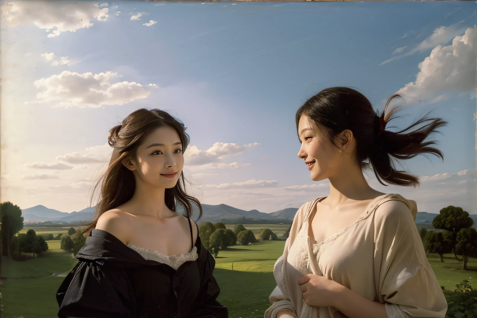 Poussin-style landscape,A smile,,Sweet and seductive appearance.、Caravaggio's paintings、Chiaroscuro of Caravaggio、Hair disheveled in the wind,Two women frolicking
