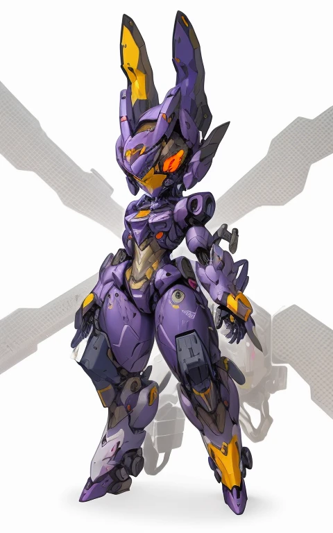 Cartoon image of robot rabbit holding gun, mecha cyber armor, Cool mech style, Mecha suit, Full robot full body mecha suit, cyber fight armor, wearing cyber armor, anime mecha armor, Purple armor, Complex assassin mecha, Mecha Inspiration