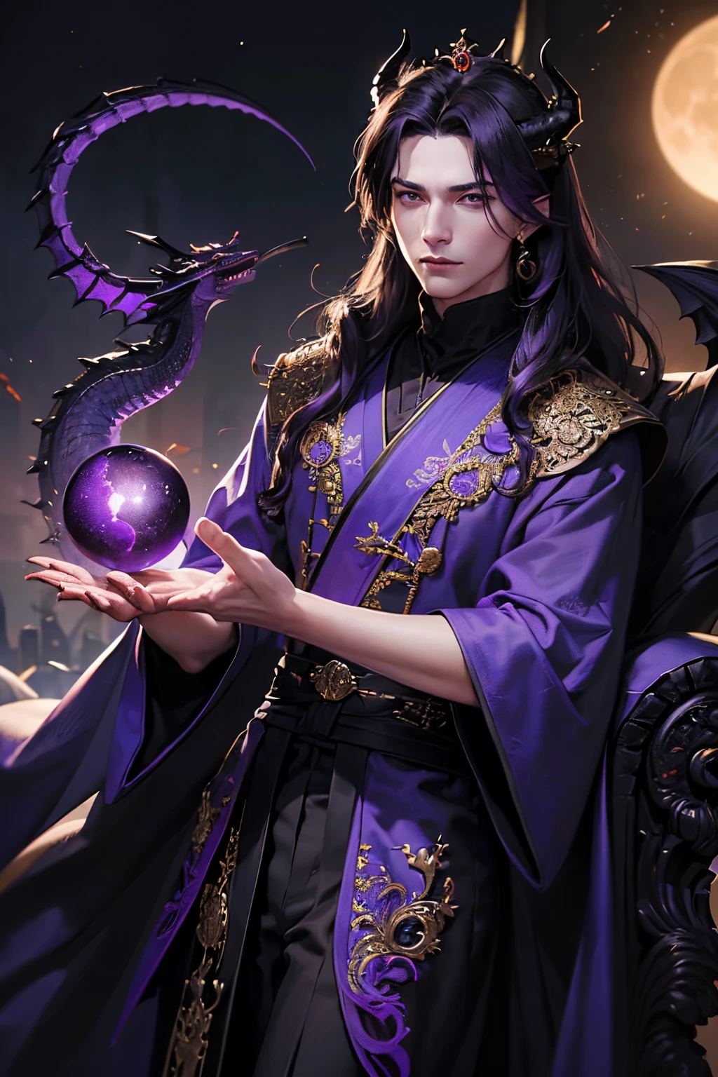 lots of details, real-world scenarios, high-definition photography, perfect hands, perfect eyes, perfect skin, perfect face, fierce 4k, masterpiece, looking into distance, ((1 man 30 years old)), handsome, demon, king, emperor, warrior, (wearing a emperor crown), messy black long hair, mountain, large moon, (((wearing a royal black long robe with bright purple dragon embroidery))), black turtleneck shirt, black pants, (((male))), battle pose, devilish gaze, cool and seductive, evil God, ((seductive gaze)), ambitious, holding a glowing ball in hand