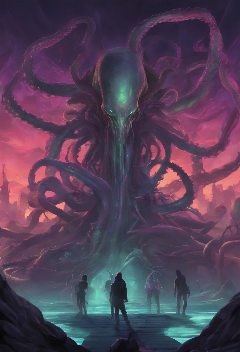 There is a painting of a giant animal, human body, multiple arms, Lovecraftian inspiration, lovecraftian creature, lovecraft illustration, lovecraftian style, HP Lovecraft Style, lovecraftian monster, subtle lovecraftian vibes, lovecraftian, lovecraftian horror , mixture of poison