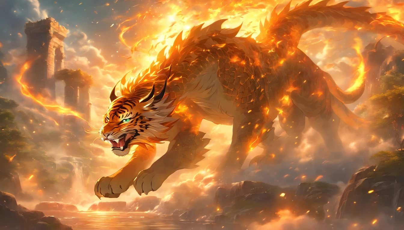 A dragon soaring in the sky, a sacred tiger running on the ground (best quality,4k,8k,highres,masterpiece:1.2),ultra-detailed,(realistic,photorealistic,photo-realistic:1.37), vivid colors, sharp focus, HDR, studio lighting, ultra-fine painting, dragon with intricately detailed scales, majestic wings, and piercing eyes, tiger with powerful muscles, majestic striped fur, and intense gaze, magical atmosphere, dynamic composition, lush green scenery, floating clouds, glowing sun, mystical rays of light, ancient ruins in the background, sense of adventure and mystery, ethereal ambiance, dragon and tiger in a fierce confrontation, displaying strength and power, intense and vibrant colors, epic battle scene, roaring flames and fiery breath, sparkles and magical effects, unprecedented attention to detail, intricate textures and patterns, meticulous brushwork, stunning realism, fine artistic craftsmanship, dramatic lighting and shadows, capturing the essence of mythical creatures, emphasizing their grandeur and majesty, evoking a sense of awe and wonder, masterful depiction of movement and energy, fusion of fantasy and reality, blending traditional and modern art styles, showcasing the beauty and power of nature and wildlife, conveying a sense of harmony and balance.