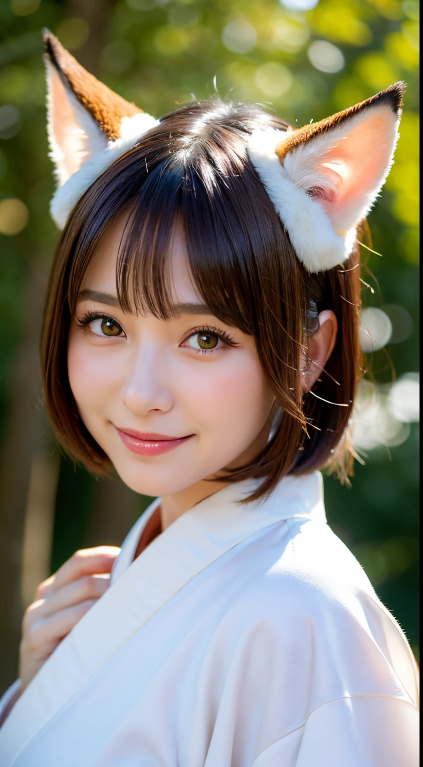 Best Quality, Face Focus, Soft light, 超A high resolution, (Photorealistic:1.4), Raw photo,Highlight the valley
Japan girls, Cute, (pupils on, Light in the eyes), Detailed beautiful face, (large boob),(High-resolution details of human skin texture),Frolic,Cute smile,Japan white kimono
(Short bob brown hair)、Japan white kimono、Brown fox ears、Brown fox fur、Brown fox tail、indecency、shinny skin,In the mysterious forest
Damask Shirt Dress,
(Portrait)