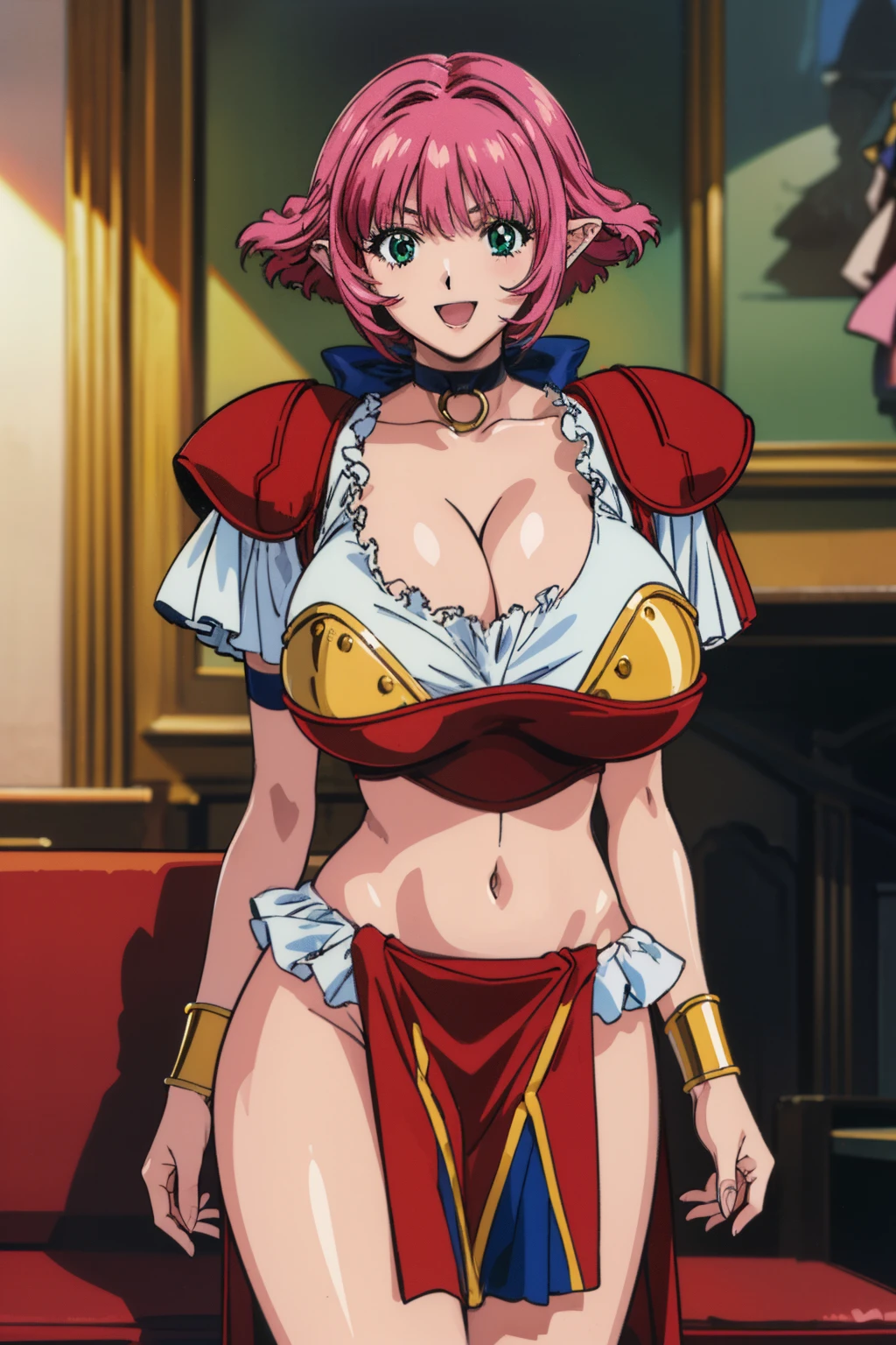 1990s anime style, masterpiece, best quality, highres, 1girl, (huge breasts:1.4), green eyes, calarsr, pauldrons, choker, crop top, cleavage, bracelet, armlet, pelvic curtain, anklet, shoulder armor, ribbon, collar (READ NOTES), cowboy shot, smile, ;D