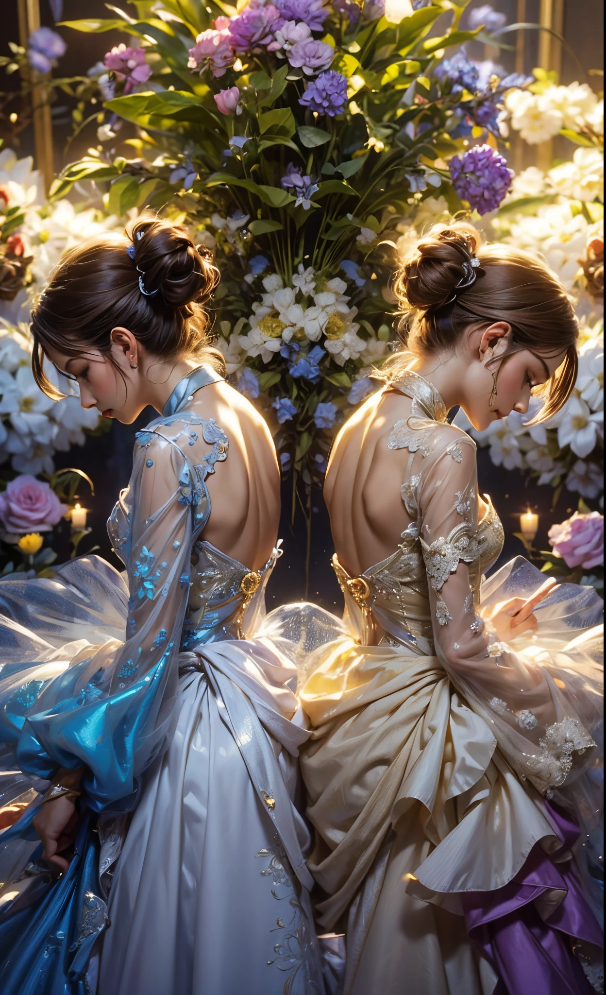 Duas garotas de costas uma para outra, duas garotas de vestido de baile, vestidos de baile de cores diferentes, sala cheia de flores, estufa de flores coloridas, two girls back to back facing you, two girls facing you with their backs to each other, garotas com roupas de baile, vestidos bufantes, vestidos de princesa, vestidos de cores diferentes, Ultra qualidade, ultra detalhe, obra-prima, melhor qualidade, ultra detalhamento