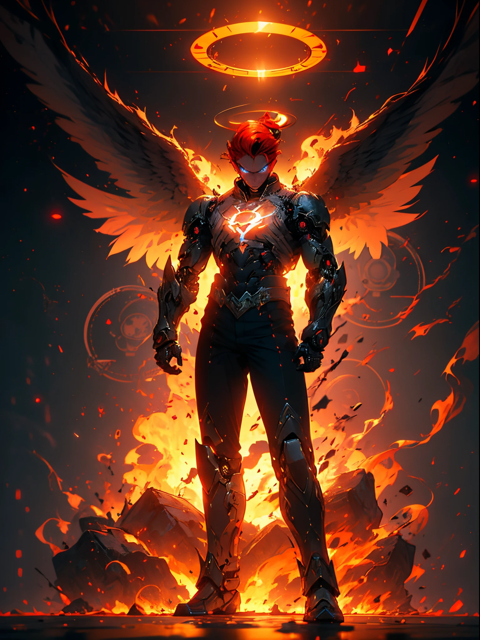 (Full body shot:1.4),(Wide Angle Shot), (Intricate details:1.4), (Masterpiece) , ((Anime Robot, Beautiful White Skin Golem, Angel, 1boy, Magic)), (Perfect Aesthetic Eyes:1.3) , (Detailed Eyes) , (Halo) , (Elden ring:1.4), (Wings:1.3), Glowing, Twintails Hair, Multicolored Hair, (Anatomically Correct Body:1.4) , Angry, (Perfect Face), Saenyo Ancalagon Majestic Guardian Knight | Ultra Detailed Robotic Armor | Cinematic Lighting | Intricate filigree metal design | 16k | Unreal Engine 5 | Octane Render | 3d, (anatomically correct :1.4), (Ultra Detailed, Fantasy Background, Blush, Solo, Fightning Stance), (magic circle:1.3), Lightning Effect, (Ray Tracing), Show Your Ability A.I., (Glowing Eyes) , (Particles Glowing) , 16k Wallpaper, Robot Female, Trending on Pintrest, By Nimox AI, UHD