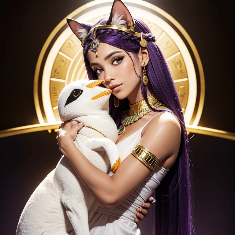 Déesse Egyptienne, Bastet, hugging a stuffed penguin, White Toga, Jewel Dorée, oreilles de chat, Cat tail,; Dark and Purple hair, Braided long hair, , belle poitrine, clivage, Charismatic character, in a Halo of Light, Avatar de seconde vie, Nice screenshot, Femme seduisante vue complète du corps, High quality, very detailed skin