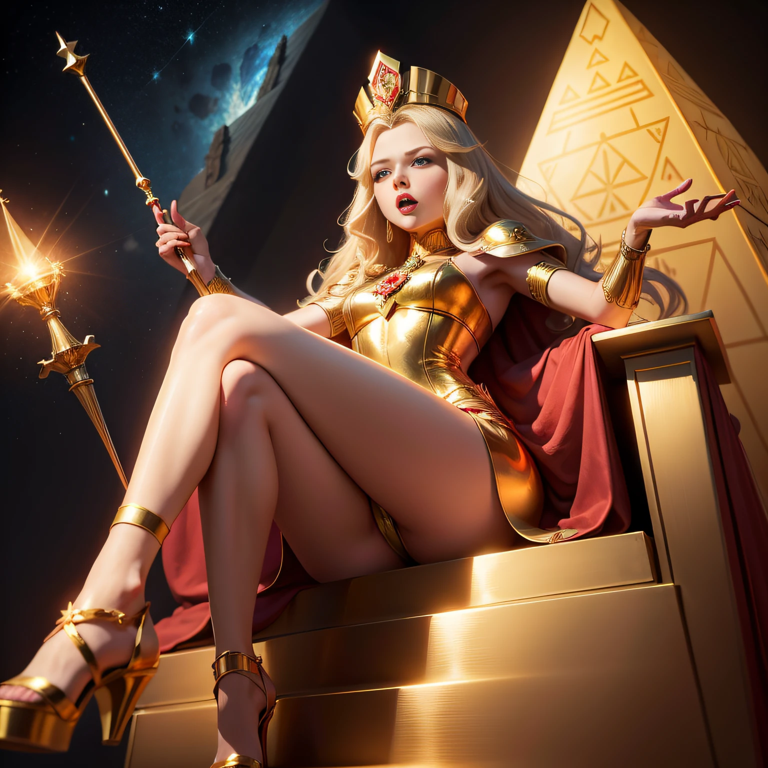 Soviet princess wears gold high-heeled sandals,pyramid,sceptre,raised head,with her mouth open