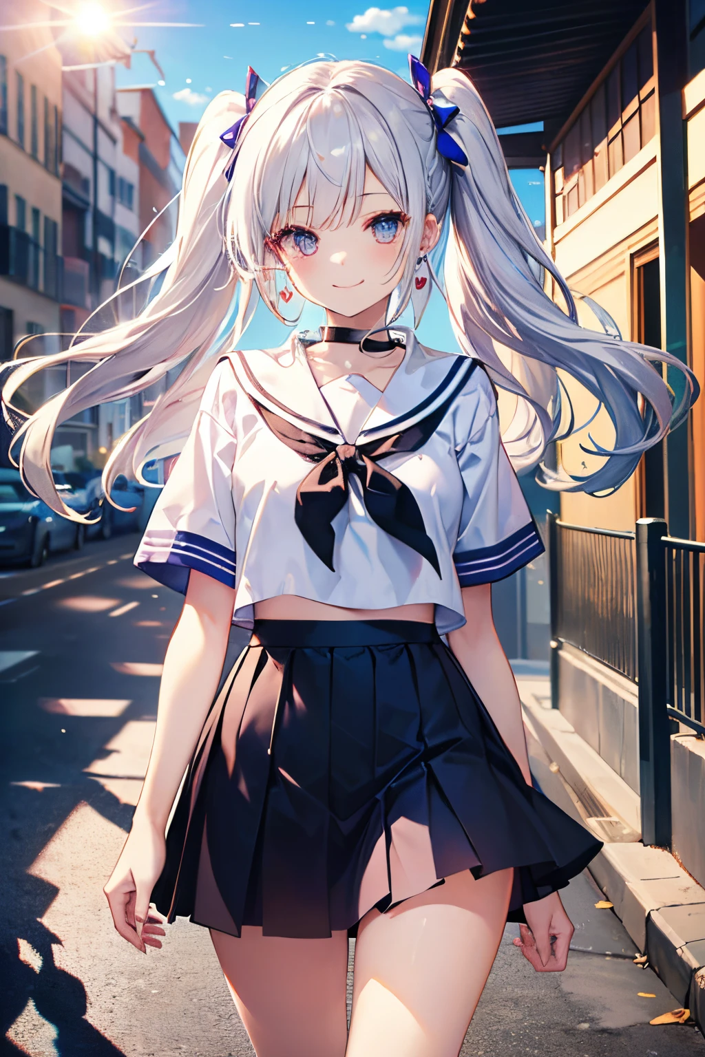 (masutepiece, Best Quality:1.2), 1girl in, 独奏, Cute,digitalart、Sailor Suit,a miniskirt、blue-sky、with the sun shining on it、(Twin-tailed, Beautiful hair, Silver hair.Flowing in the wind)、Cyber City、Heart earrings that shine in your ears, laught(Smile with your mouth slightly open)、glistning skin、Composition in which the whole body is visible、Small-faced beauty、towards us ,perfect-composition、Perfect light and shadow delicacy、in 8K