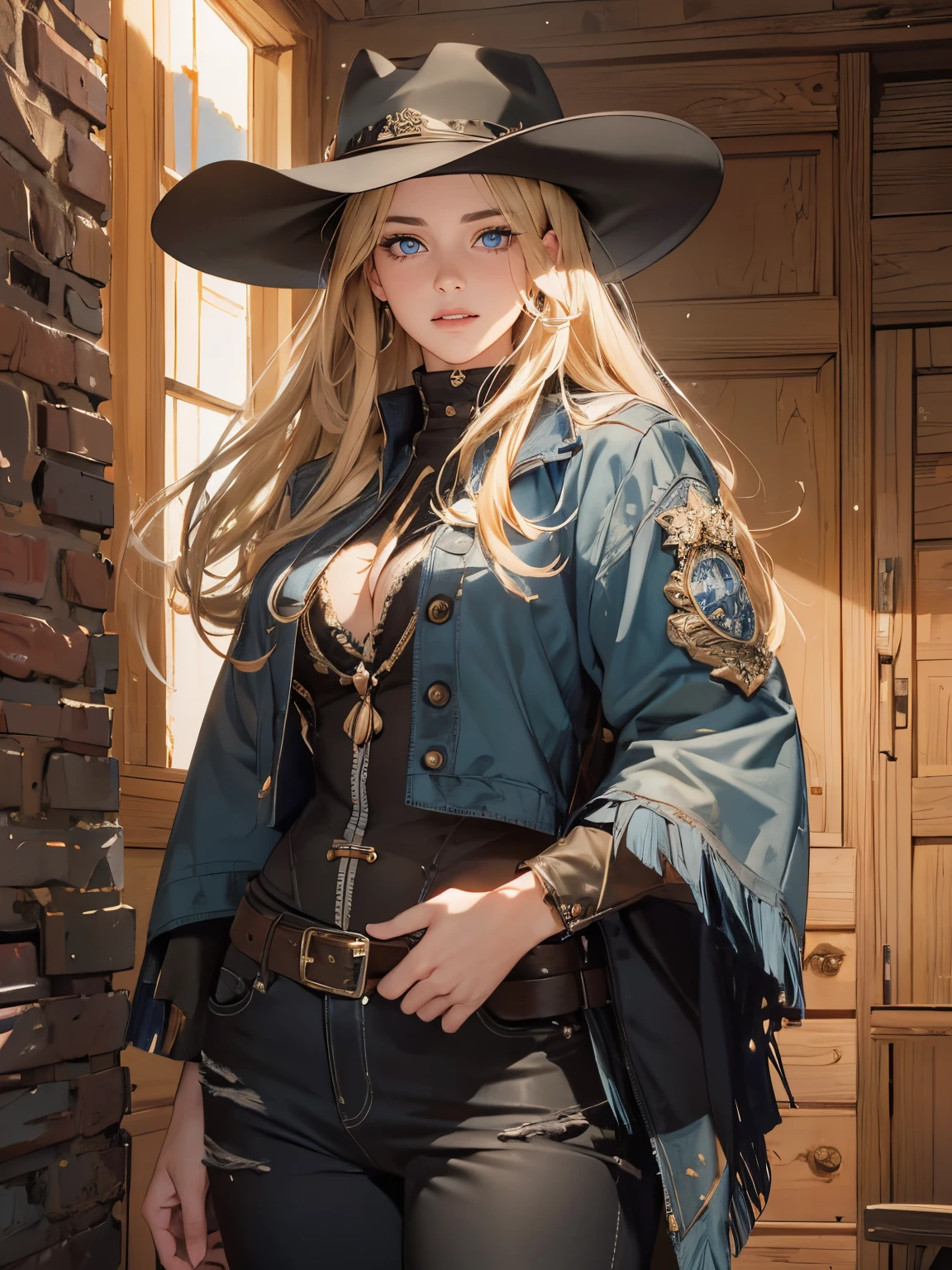 8K、masterpiece, top-quality, The ultra -The high-definition, Top resolution, ighly detailed, profetional lighting, Orange Light Lighting、Back lighting、Expansive scenery of realistic Red Rock Canyon、FULL BODYSHOT、Beautuful Women、1a person、(realistic skin textures, Photorealistic))、((A detailed face,Round facial contours,Beautiful face,Detailed beautiful eyes, Beautiful eyelashes, Blue eyes, Almond Eye、perfecteyes))、 a blond、Black cowboy hat、cowboy boots、Jeans with holes、Laughing、teeth showing、plump shiny lips、Cowboy attire、fringe trim、Chaps Leather Pants、Chaps、Military Patches、Cowboy coat、Black cowboy hat、embroideries、Tattered jeans with holes、