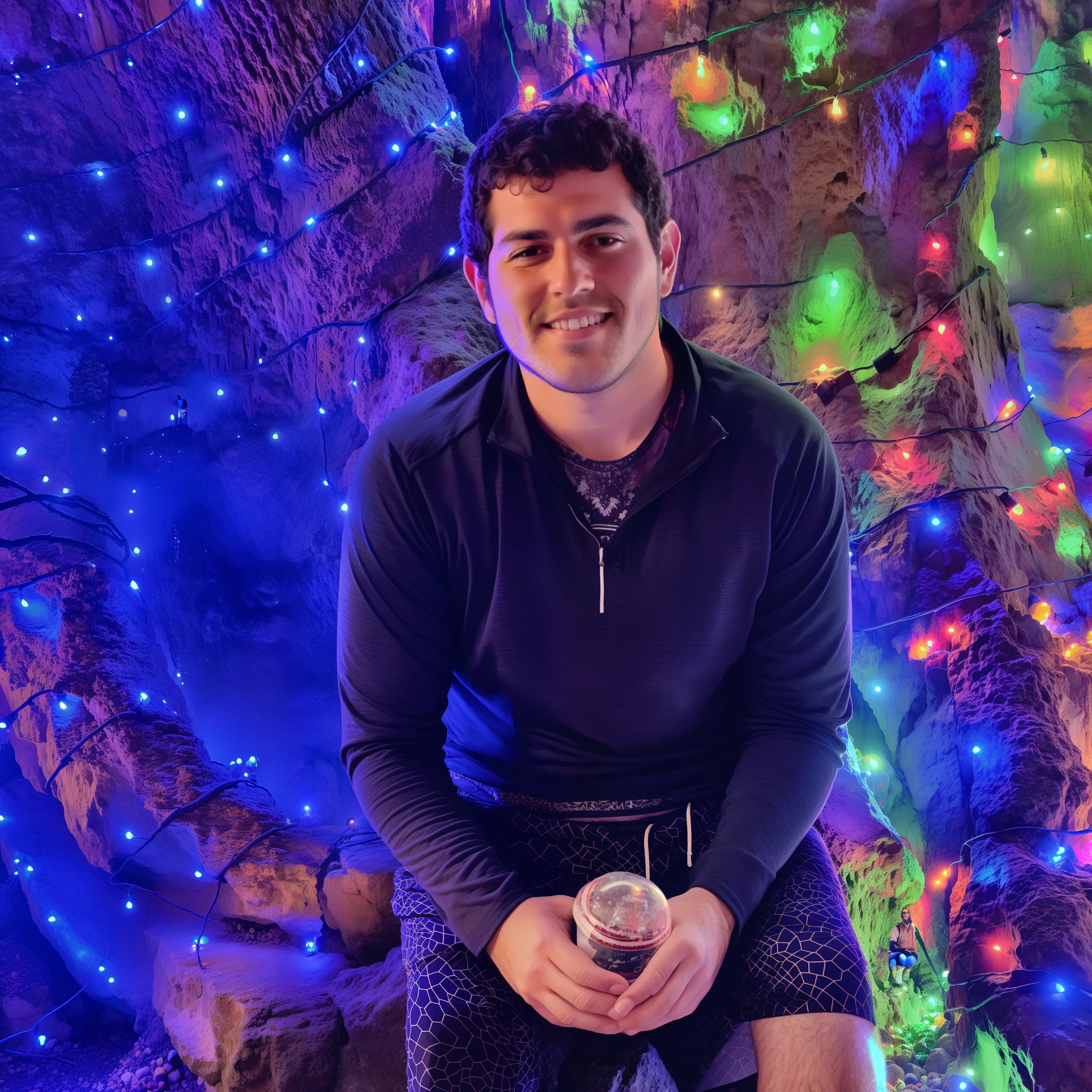 arafed man sitting on a rock in front of a christmas tree, standing in a grotto, in a candy forest! at night, with a tree in the background, in a cave with the waterfall, hanging out with orbs, vacation photo, in a cave, taken in 2 0 2 0, shot with a camera flash