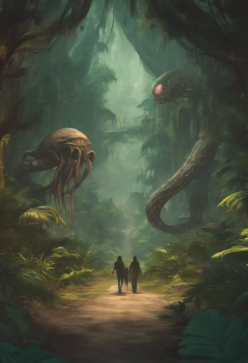 Visual novel, Alien tentacles, smilling, fantasy, dnd, lovecraftian, in a South American jungle road