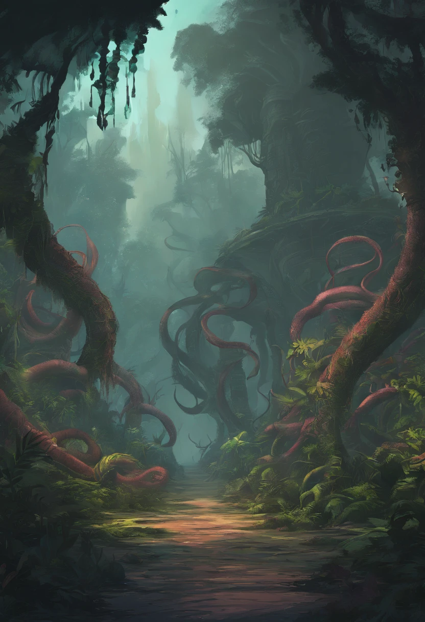 Visual novel, Alien tentacles, smilling, fantasy, dnd, lovecraftian, in a South American jungle road