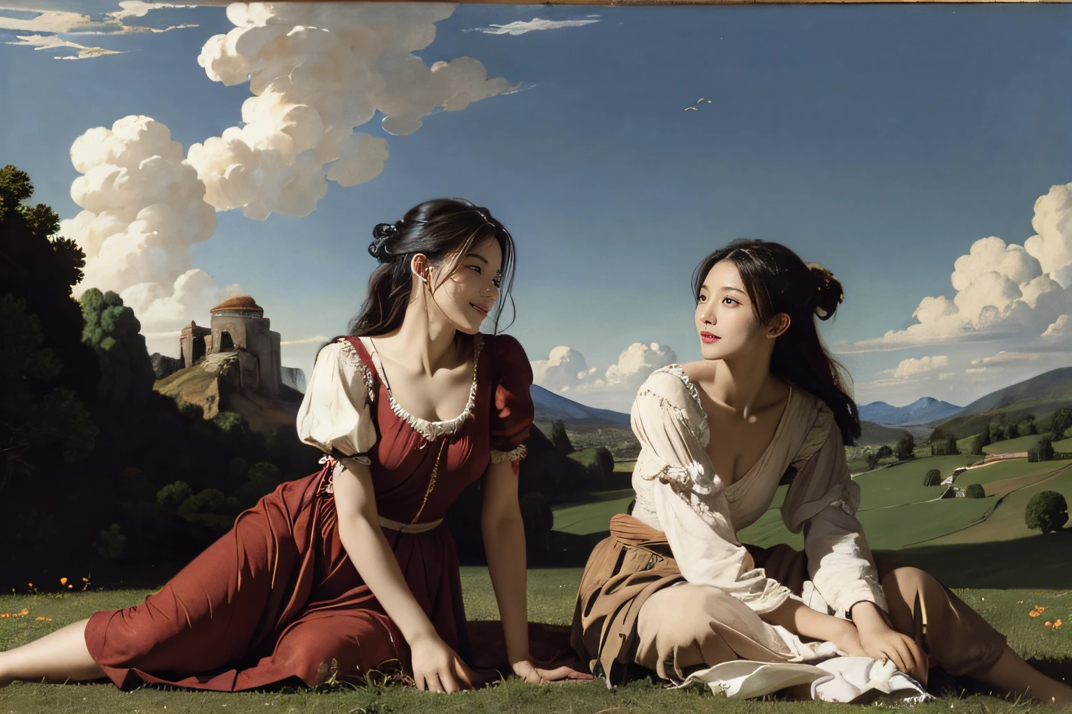Poussin-style landscape,A smile,,Sweet and seductive appearance.、Caravaggio's paintings、Chiaroscuro of Caravaggio、Hair disheveled in the wind,Two women frolicking