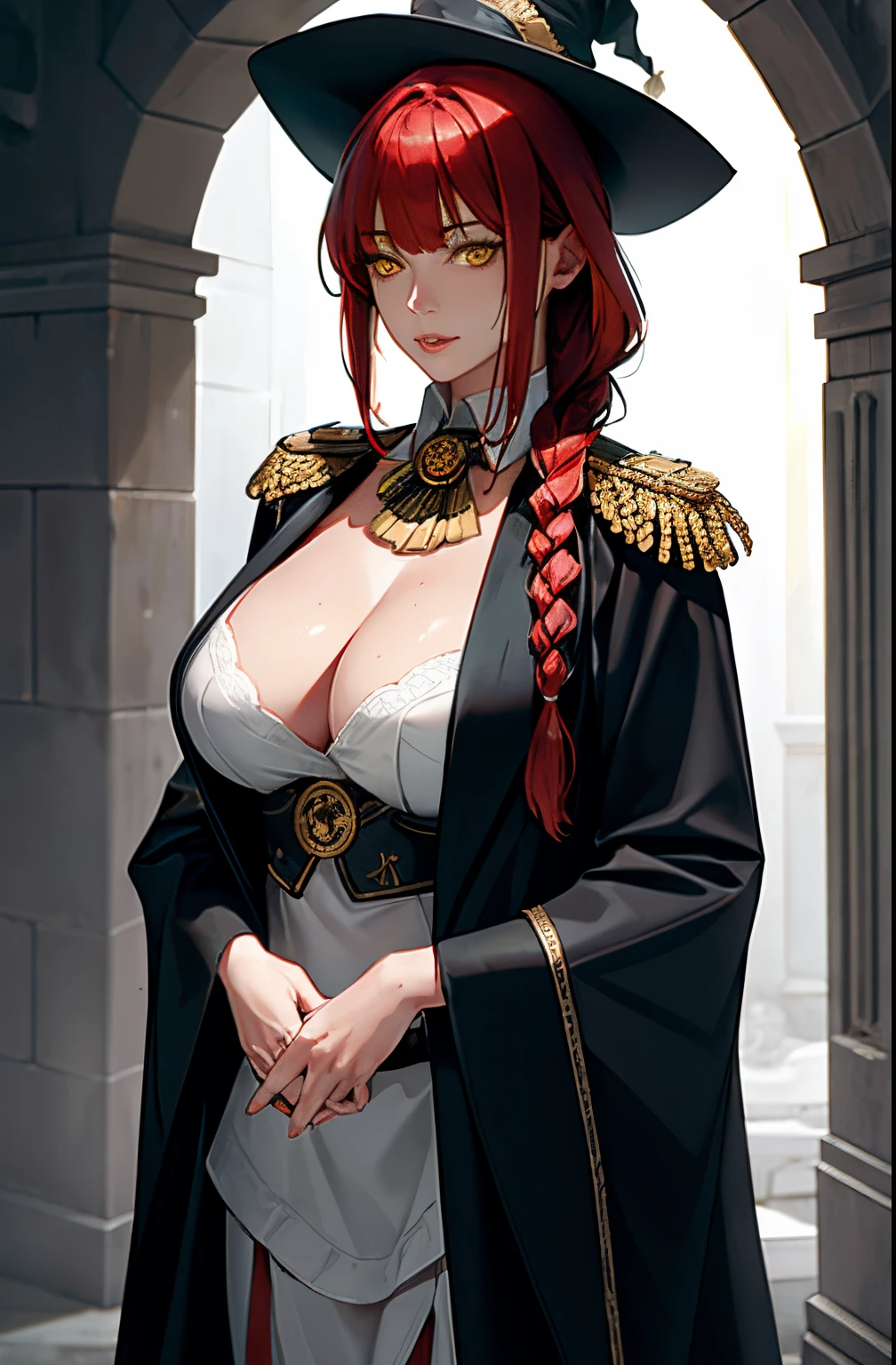 , Medium tits, masterpiece, (photorealistic:1.4), best quality, beautiful lighting, big witch hat, cleavage, admiral long coat, shoulder badge, (ulzzang-6500:0.5), makima \(chainsaw man\), (red hair)+(single long braided hair)+(bangs), yellow eyes, golden eyes, ((ringed eyes)), (white shirt), RAW photo, 8k uhd, film grain, at castle, mediavel, closeup