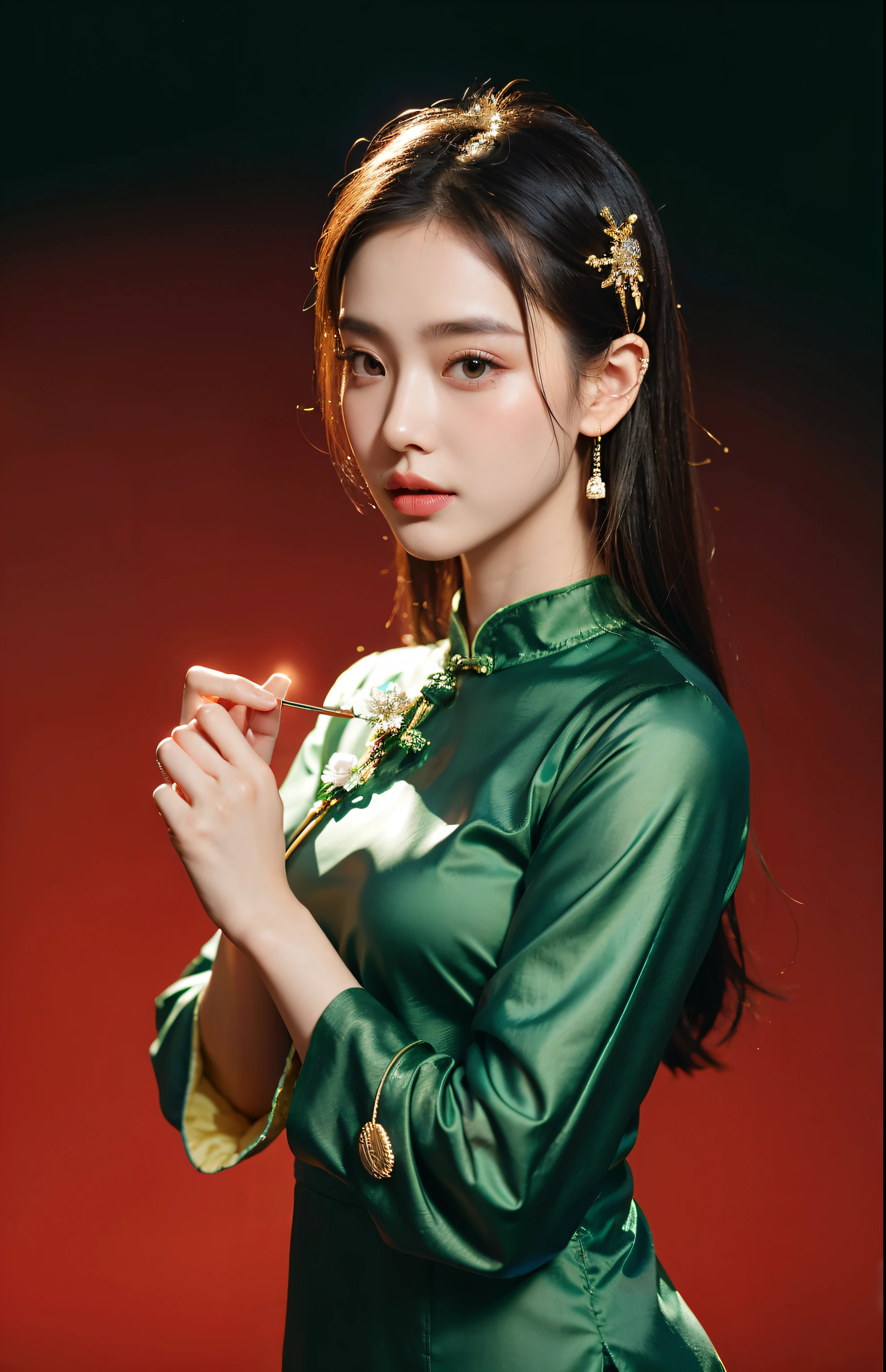 wearing green、Arafat woman holding cigarette, Matches ancient Chinese costumes, gorgeous chinese models, palace , A girl in Hanfu, On the cheongsam, ChineseGirl, inspired by Wu Bin, Inspired by Huang Ji, china idol, sha xi, On the cheongsam, Inspired by Lanying, Wearing ancient Chinese clothes,Keep your eyes on the camera,Look for exquisite details,Happy eyes