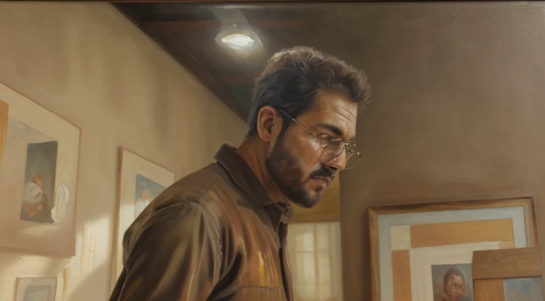 ultra realistic, calm face man, peaceful background, brown, oil painting, paint