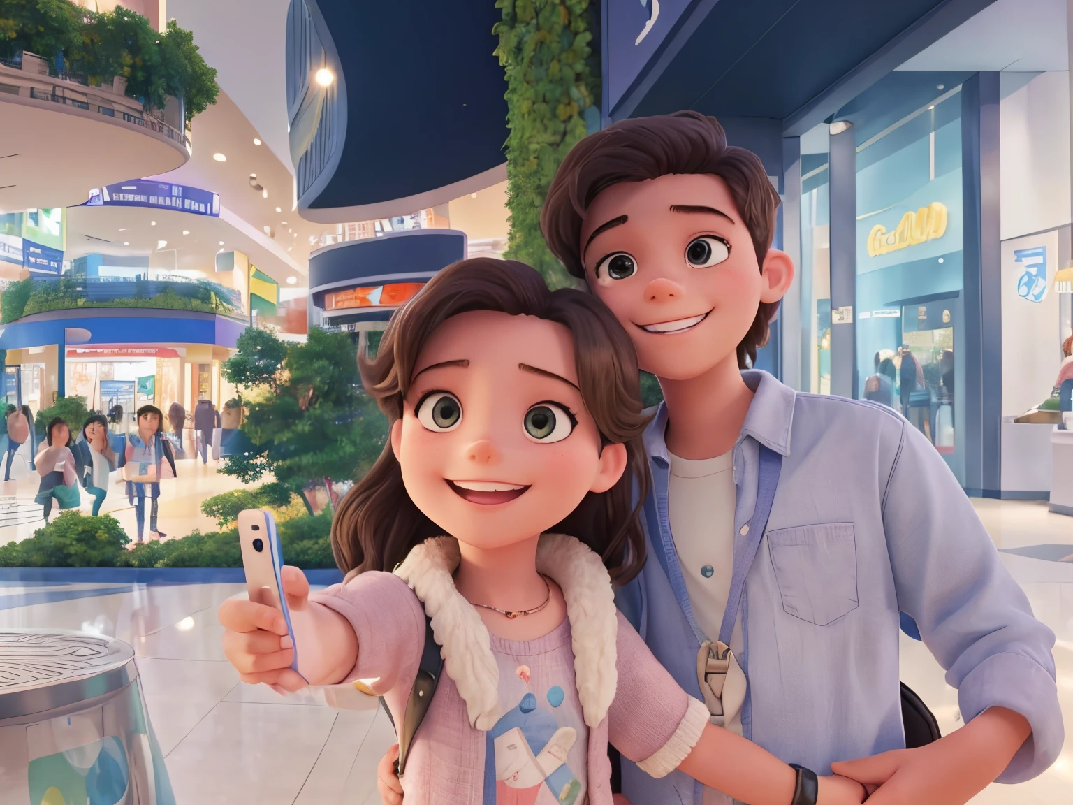 Two friends taking a selfie, a girl and a boy. Coloured picture,smiling into the camera. In background that is a mall.