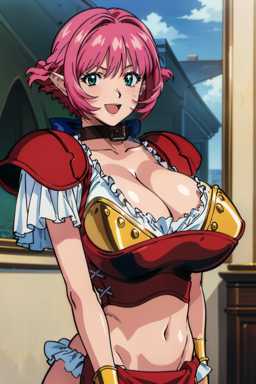 1990s anime style, masterpiece, best quality, highres, 1girl, (huge breasts:1.4), green eyes, calarsr, pauldrons, choker, crop top, cleavage, bracelet, armlet, pelvic curtain, anklet, shoulder armor, ribbon, collar (READ NOTES), upper body, smile, ;D