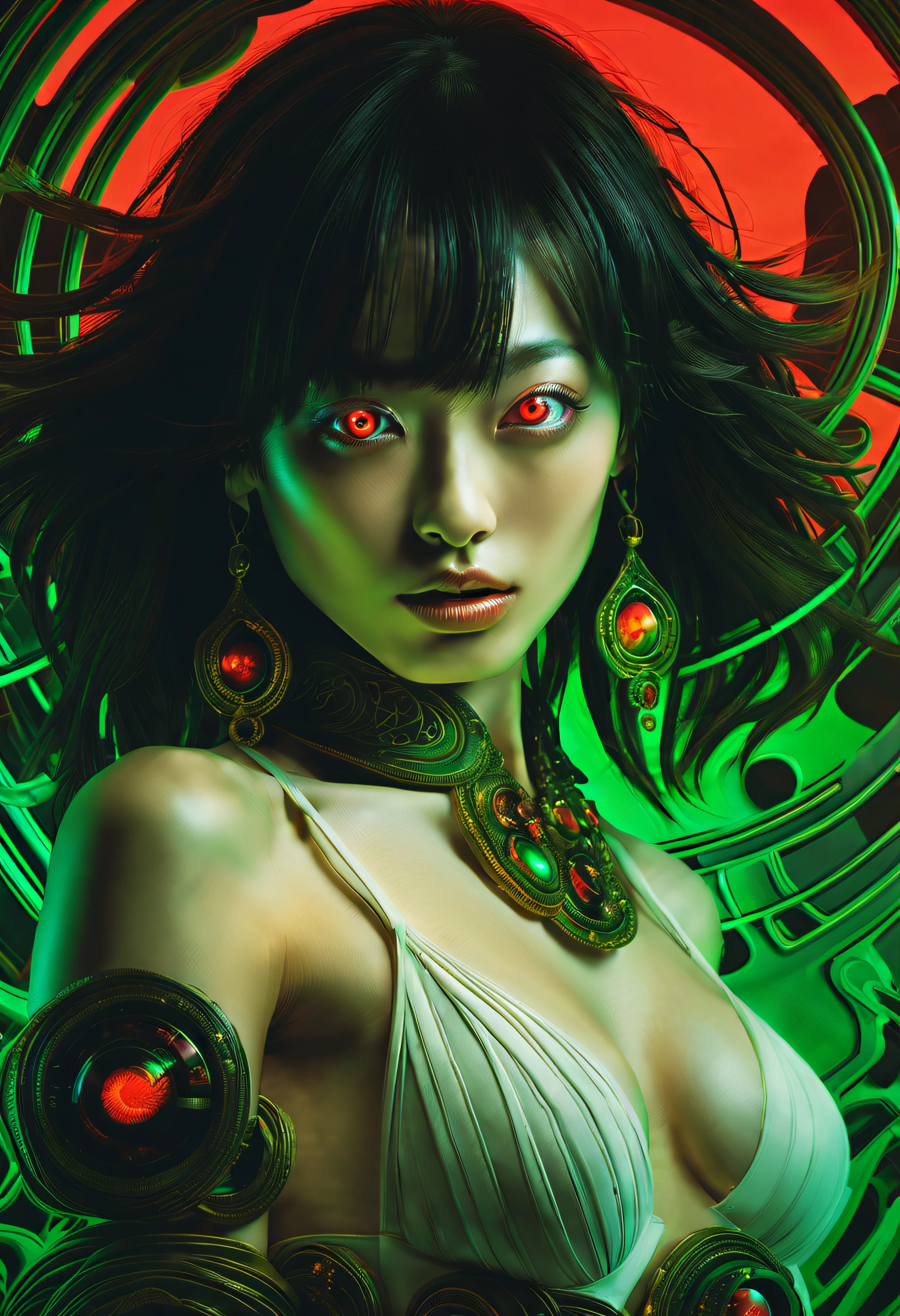 (The artwork:Katsuya Terada), 8K, hard disk, A masterpiece of precision and precision, 1girl in, beautiful countenance、Glowing green eyes, red iris and black eyeball, medium shot, Black hair, organic shape, hard edge, Anatomically correct body, sexy sexy pose, Hyper realistic,elegent,Cinematic lighting, Highly detailed, intense colors, Octanen Rendering, Surreal mood, winning artwork, Shimmering rich colors, iridescent accents, Dramatic shadows,Dynamic and atmospheric lighting, Anamorphic Lenses, Sharp Focus, A complex, high-definition masterpiece,