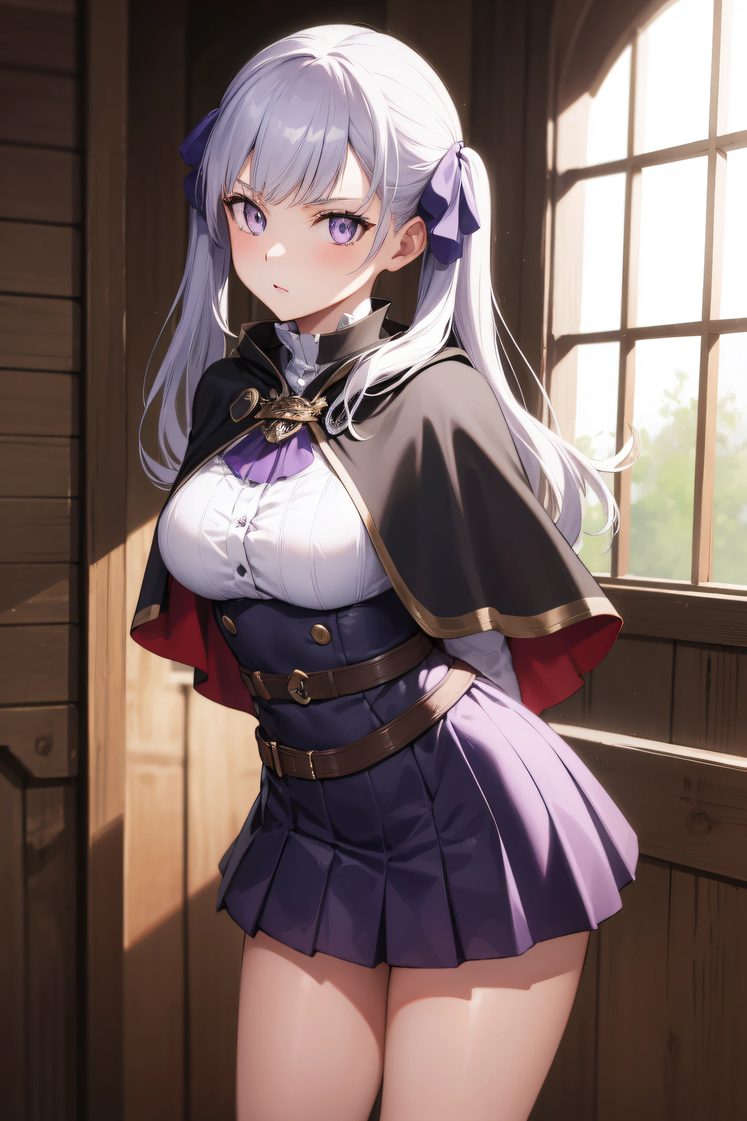 noellesilva, noelle silva, hair ribbon, long hair, (purple eyes:1.1), silver hair, twintails,
BREAK dress, white dress, capelet, skirt, purple skirt, (black capelet:1.5),
BREAK looking at viewer,standing, leaning forward, arms behind back,
BREAK indoors,
BREAK (masterpiece:1.2), best quality, high resolution, unity 8k wallpaper,NSFW ,(illustration:0.8), (beautiful detailed eyes:1.6), extremely detailed face, perfect lighting, extremely detailed CG, (perfect hands, perfect anatomy),