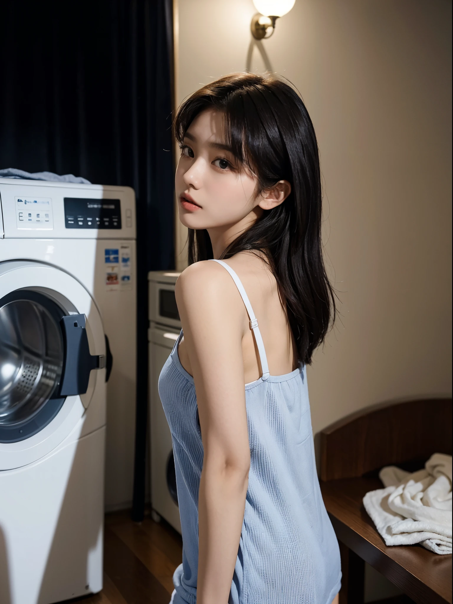 (((best quality))), (((ultra detailed))), (((masterpiece))), illustration,((a fragile and beautiful young girl,solo)),((slim,thin)),((shoulder off,bare back,towering hips,butt crack)),((sitting on a hospital bed)),(vertical striped blue and white collared pajama shirt:1.3), ethereal appearance,(shoulder length straight bob hair:1.2),((close eyes,open mouth,female orgasmic,blush,ahegao)),delicate features, expressive eyes, porcelain skin, worried expression, vertical stripes on the gown, loose fit, slender fingers, polished nail polish, clinical examination room, faded walls, doctors' cart, stainless steel, hospital backdrop, stark contrasts, cold environment, warmth and vulnerability, poignant moment, moving image,((from back,upper body)),