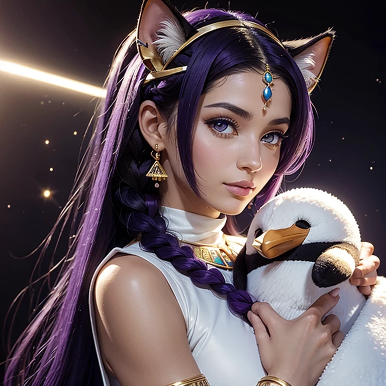 Déesse Egyptienne, Bastet, hugging a stuffed penguin, White Toga, Jewel Dorée, oreilles de chat, Cat tail,; Dark and Purple hair, Braided long hair, , belle poitrine, clivage, Charismatic character, in a Halo of Light, Avatar de seconde vie, Nice screenshot, Femme seduisante vue complète du corps, High quality, very detailed skin