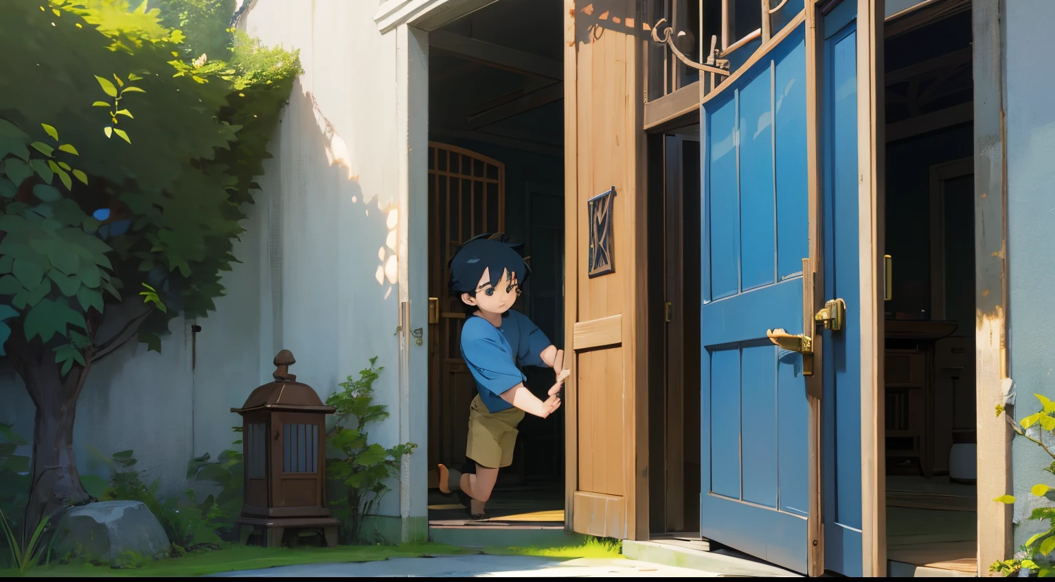 anime small boy with blue shirt and soft yellow shorts hardly opening pushing the giant iron gate, right side view, door way close with bushes, Ghibli style