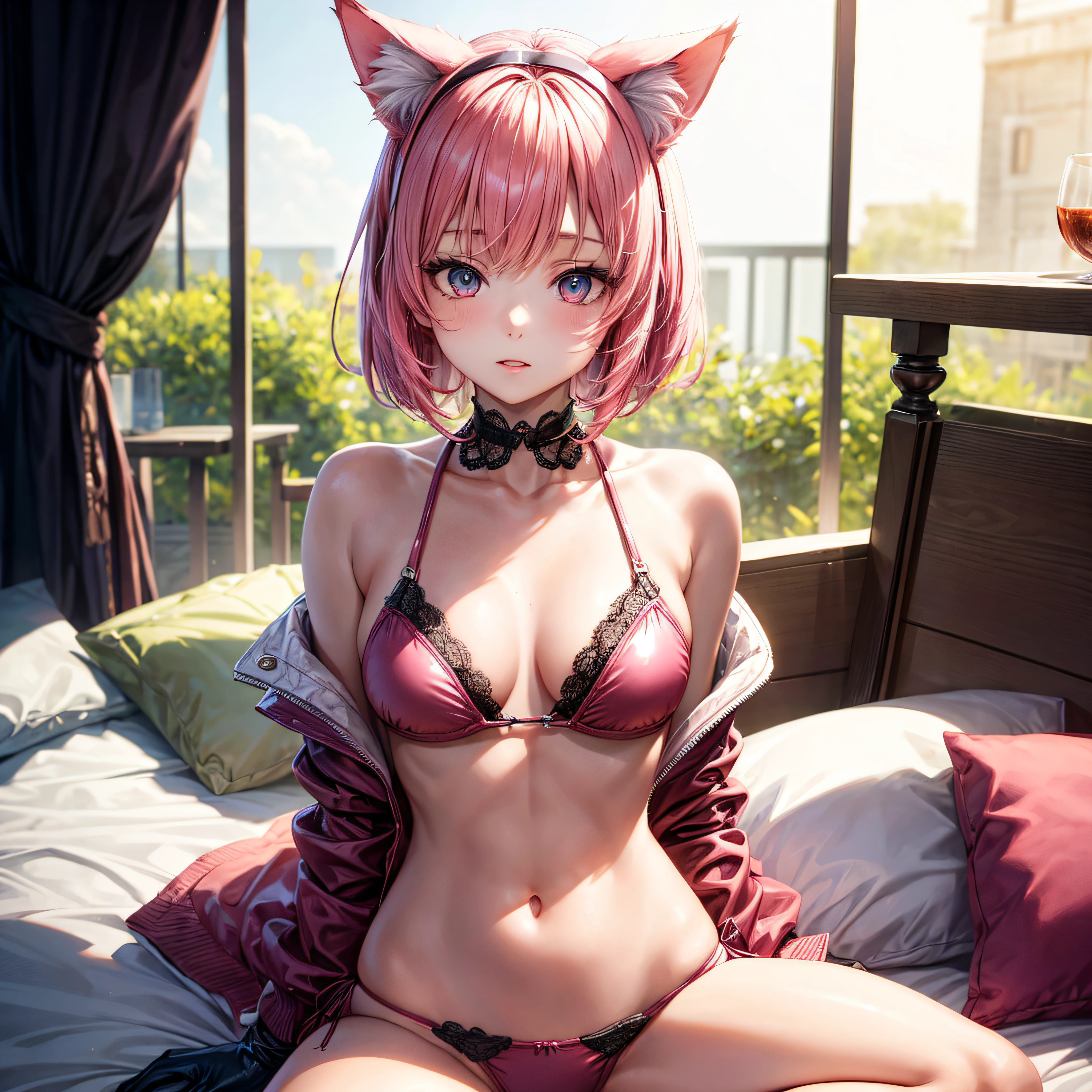 realisitic、top-quality、1girl in、Cat's ears、pinkhair, Short hair, (Open your clothes)  ,Pink PVC Bikini, Lace gloves, Medium chest