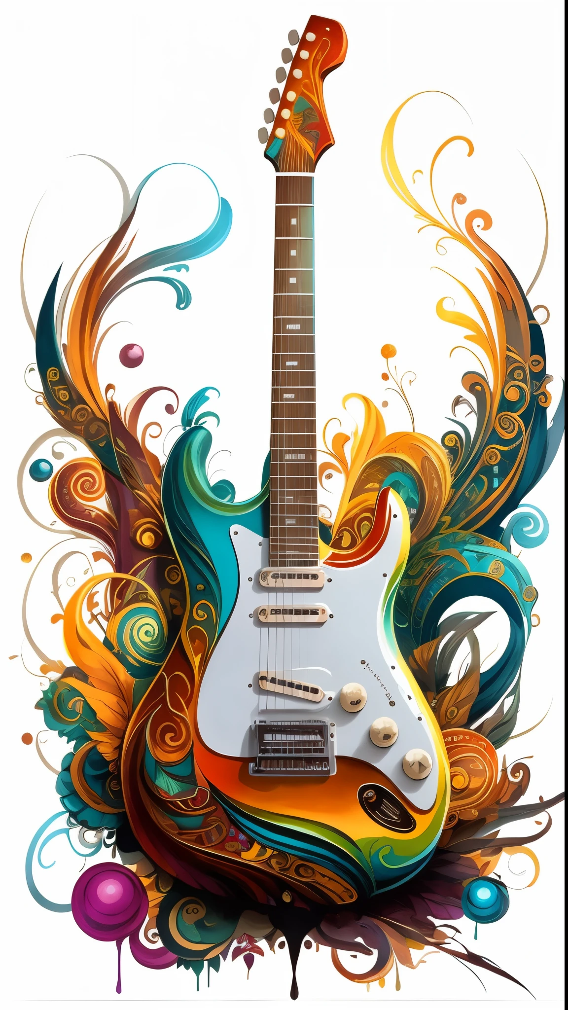 um close de uma guitarra com um design colorido, Electric guitar, Concept art of acoustic guitar, arte de fundo, classical guitar, Futuristic electric guitar, acoustic guitar, Electric guitars, music theme, music poster, Artistic illustration, acoustic guitar, stylized digital illustration, Stratocaster Fender, solo by acoustic guitar, Arte vetorial HD, vetor behance hd jesper ejsing