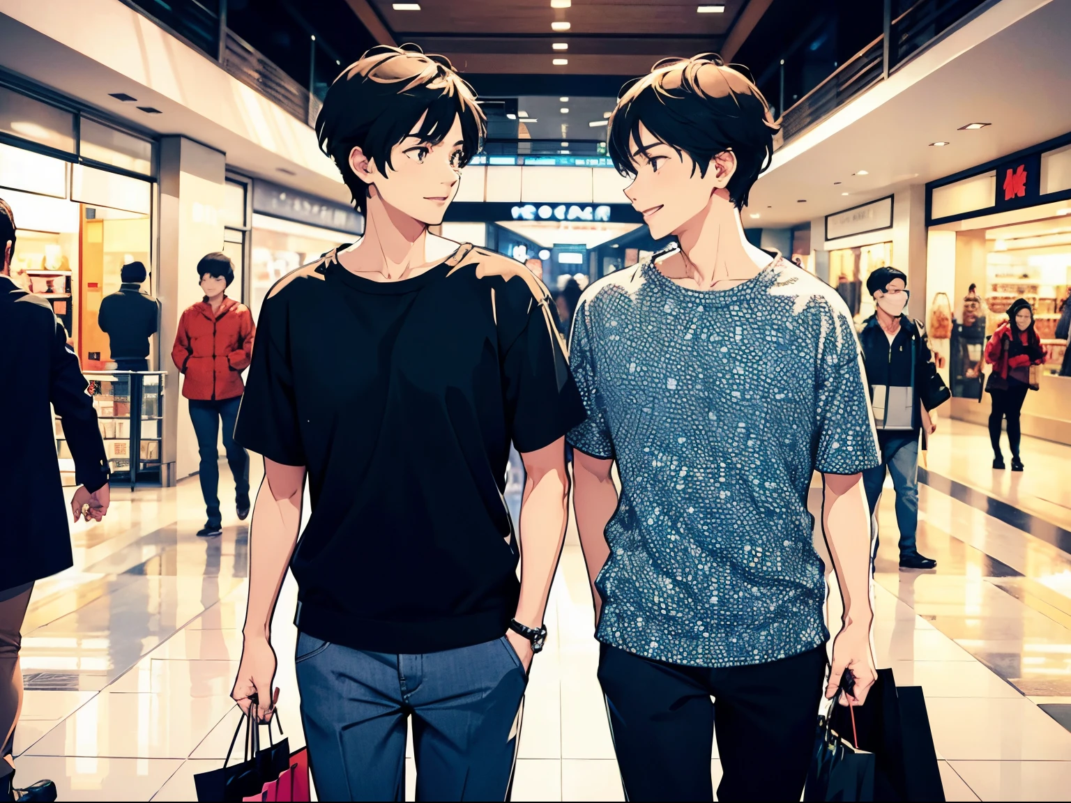 Two gay men wearing matching clothes are shopping、View of the shopping mall、man face、Man's clothes、short-haired、happily face