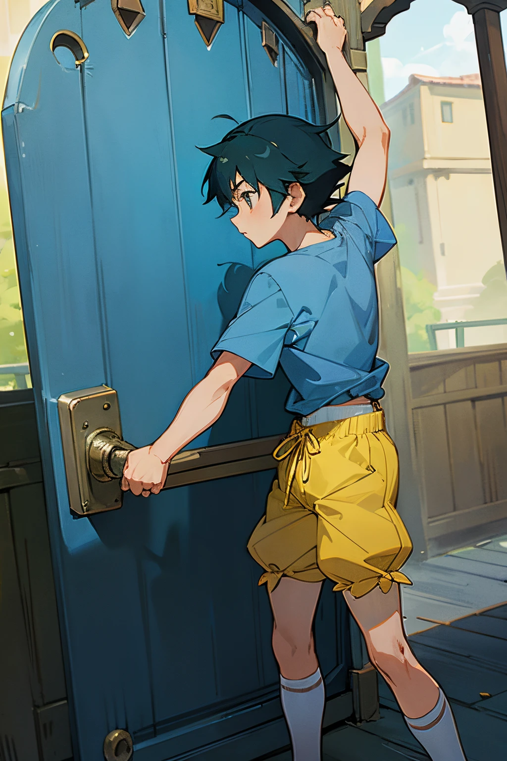 anime boy with blue shirt and soft yellow shorts hardly opening pushing the giant iron gate, right side view, Ghibli style
