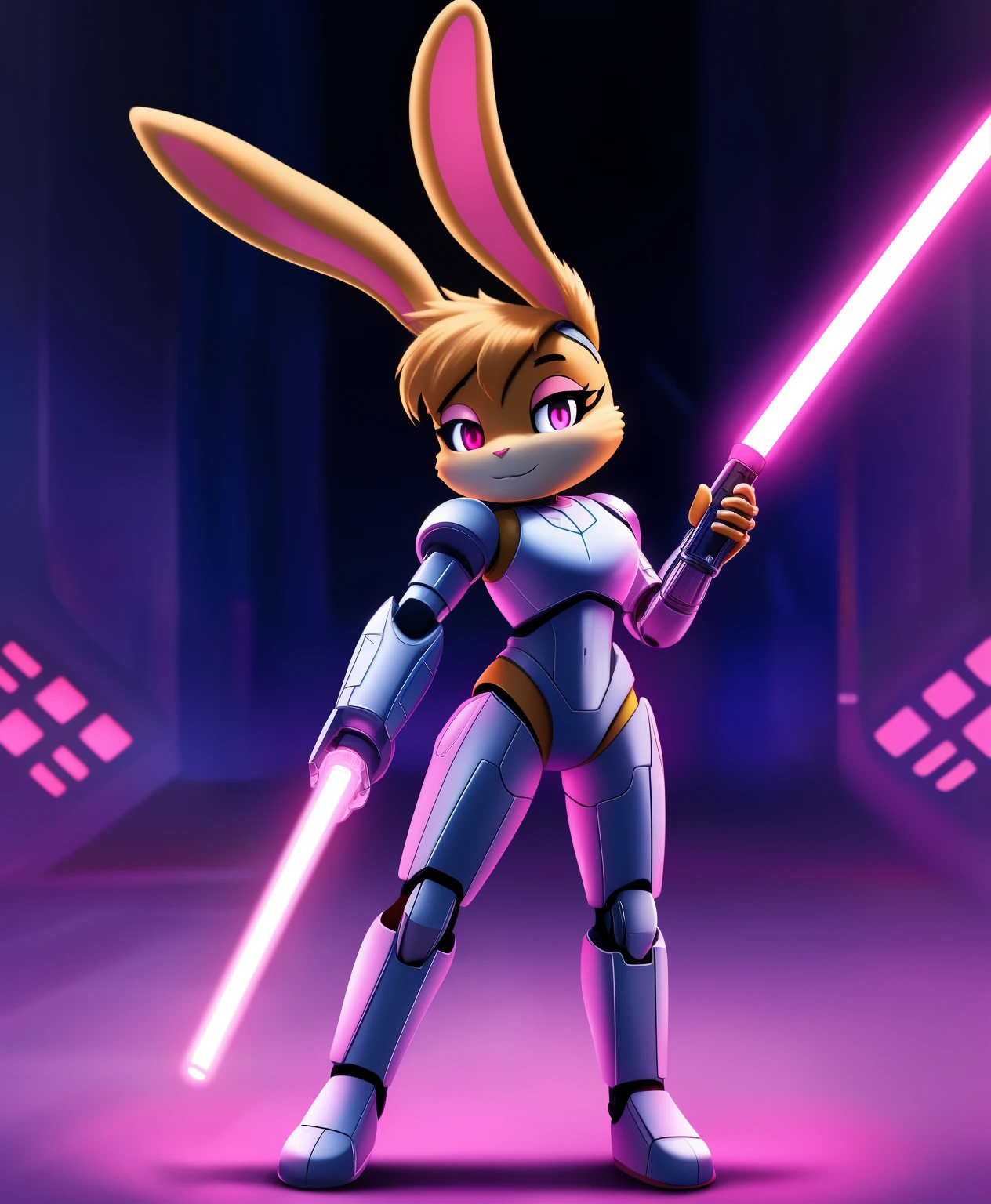 Bunnie Rabbot the jedi, holding a pink lightsaber, live action, robotic arm, full body view