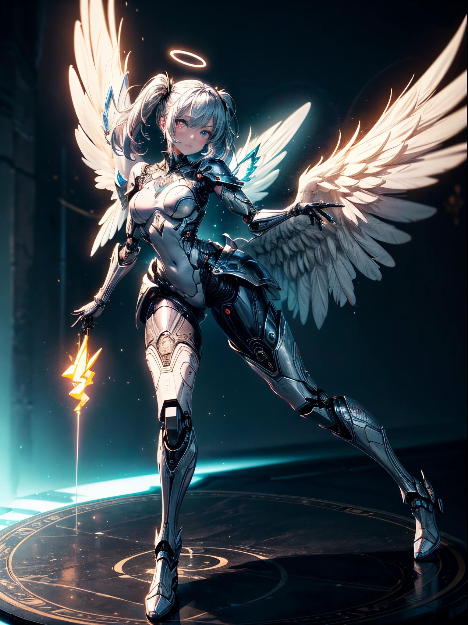 (Full body shot:1.4),(Wide Angle Shot), (Intricate details:1.4), (Masterpiece) , ((Anime Robot, Beautiful White Skin Golem, Angel, 1boy, Magic)), (Perfect Aesthetic Eyes:1.3) , (Detailed Eyes) , (Halo) , (Elden ring:1.4), (Wings:1.3), Glowing, Twintails Hair, Multicolored Hair, (Anatomically Correct Body:1.4) , Angry, (Perfect Face), Saenyo Ancalagon Majestic Guardian Knight | Ultra Detailed Robotic Armor | Cinematic Lighting | Intricate filigree metal design | 16k | Unreal Engine 5 | Octane Render | 3d, (anatomically correct :1.4), (Ultra Detailed, Fantasy Background, Blush, Solo, Fightning Stance), (magic circle:1.3), Lightning Effect, (Ray Tracing), Show Your Ability A.I., (Glowing Eyes) , (Particles Glowing) , 16k Wallpaper, Robot Female, Trending on Pintrest, By Nimox AI, UHD