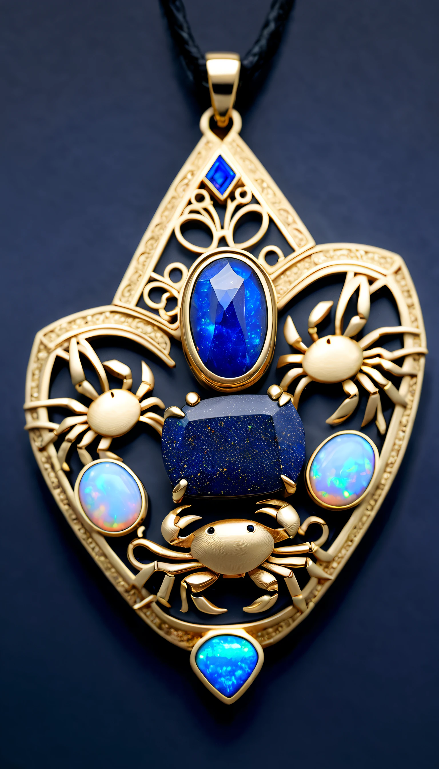 Item design, (Close-up of 8-sided rectangular pendant), (There is only one sapphire blue double opal in the middle: 1.3), (Contains only one double opal), (With black leather cord),  (12 horoscope symbols: 1.1), (Freehand crab pattern: 1.1), (12 constellation symbols engraved on the side：1.3), lapis lazuli，turquesa，18K yellow gold，platinum，Geometric patterns，Black rock complex structure, delicate constructions,Boho Style, RococoStyle, Van Cleef & Arpels & alpes & alps &amplifier; Albemarle Cartier,luxury goods, retro punk style，
Background with: The white, jewelry photography, hyper HD, high high quality, Epic design, Incredible design,