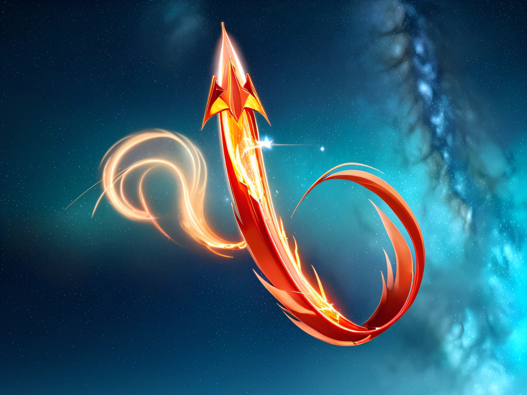 golden sharp arrow。Dragging a tail of red flames,Detailed Figure 4K,The background is a dark blue starry sky,Starry