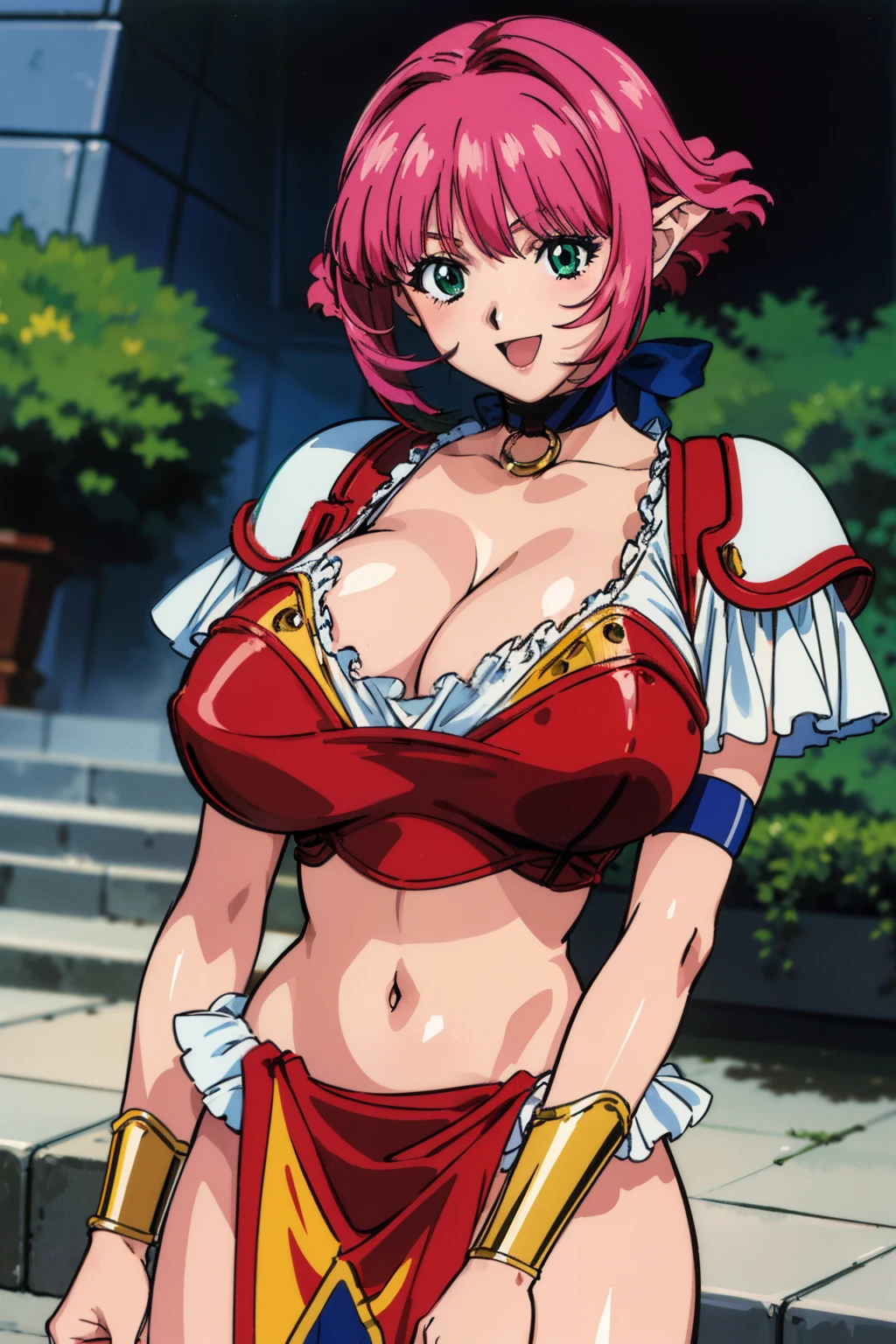 1990s anime style, masterpiece, best quality, highres, 1girl, (huge breasts:1.4), green eyes, calarsr, pauldrons, choker, crop top, cleavage, bracelet, armlet, pelvic curtain, anklet, shoulder armor, ribbon, collar (READ NOTES), upper body, smile, ;D, outdoors