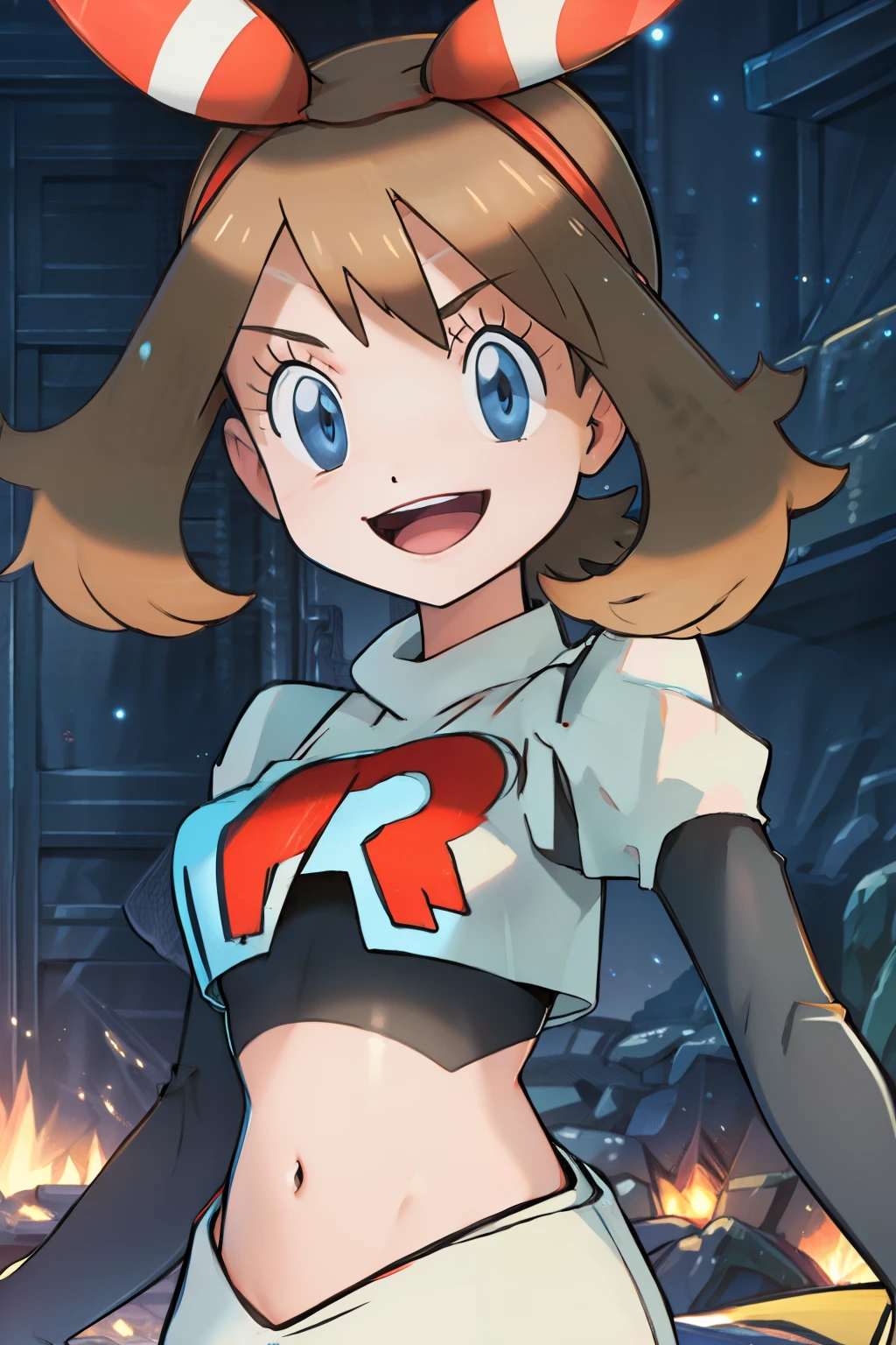 Haruka_ORAS, team rocket uniform, red letter R, white skirt,white crop top,black thigh-highs,black elbow gloves, smile, cowboy shot, posing, sparkles of light around the elbow gloves