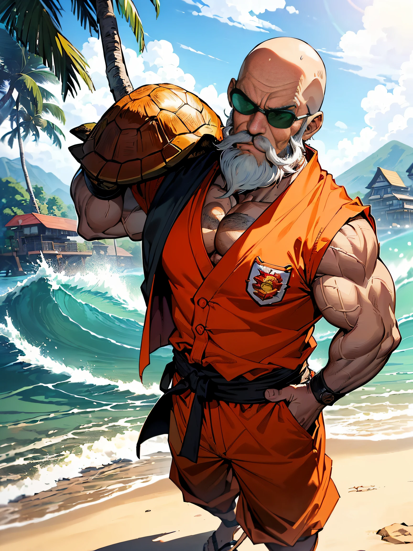 Master Roshi:1.5, (Master Roshi:1.4), (a bald old man with a white mustache and beard:1.3), (wearing sunglasses, a red Hawaiian shirt, and green pants:1.3), (carrying a turtle shell on his back:1.4), (a martial arts master and the creator of the Kamehameha Wave:1.3), (living on a small island called Kame House:1.4), (training Goku, Krillin, and other students:1.4), (often acting lecherous and perverted:1.4), (sometimes transforming into a muscular and powerful form:1.3), (having a sister named Fortuneteller Baba:1.3)