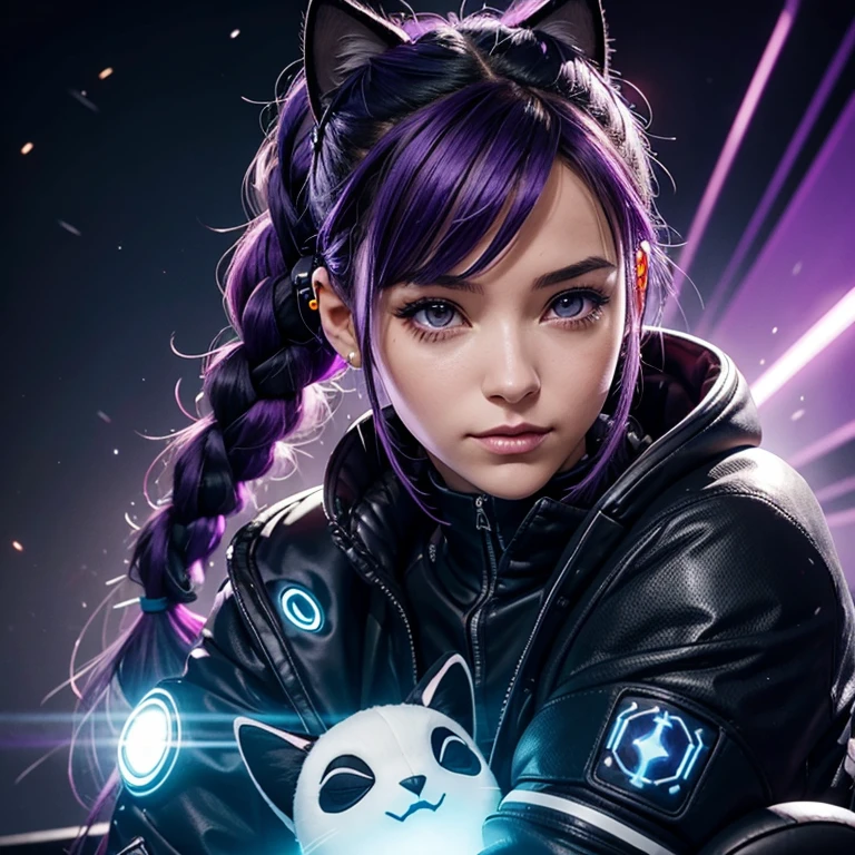 A cyber punk girlhugging a stuffed penguin,, oreilles de chat, Cat tail,; Dark and Purple hair, Braided long hair, , belle poitrine, clivage, Charismatic character, in a Halo of Light, Avatar de seconde vie, Nice screenshot, Femme seduisante vue complète du corps, High quality, very detailed skin