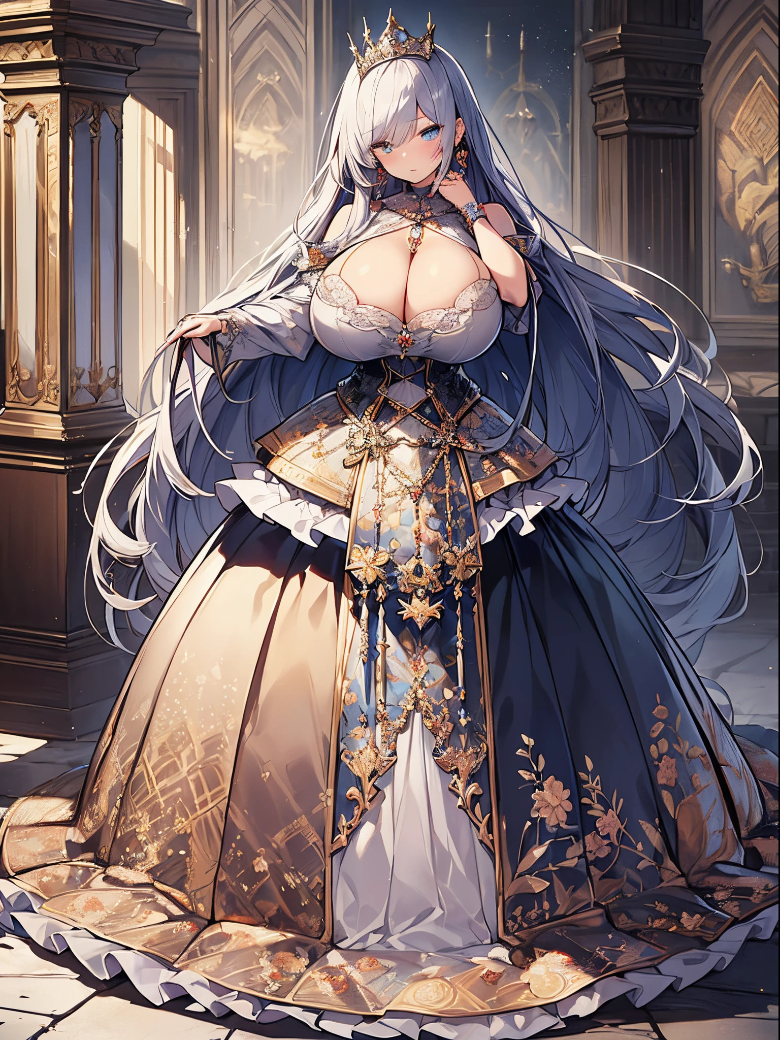 ultra-detailed, extremely detailed,((anime artstyle)),Masterpiece,(Best Quality),(Super Detail),(Very Delicate and Beautiful),((Solo)),((full body)),full body,((detailed face and eyes)),perfect eyes, rendered eyes,jewel-like beautiful eyes,((1 princess in beautiful embroidery and jeweled gorgeous rococo ballgown with frilled voluminous full length hoop skirt)),((Crinoline)),beautiful embroidery and jeweled gorgeous rococo ballgown with frilled voluminous full length hoop skirt,(large amount of straight hair,extremely voluminous Very Long straight Hair,Absolutely Long Straight Hair),sparkly skin,(((very gigantic boobs,skindentation))),Bursting breasts,cleavage,(fantasy castle,outdoors,outside the castle),long_gloves,extremely gorgeousfull jeweled hair ornament,(bling-bling extremely gorgeousfull jeweled tiara),(luxurious jewelry),full body,beautiful embroidery and jeweled gorgeous rococo ballgown with frilled voluminous full length hoop skirt