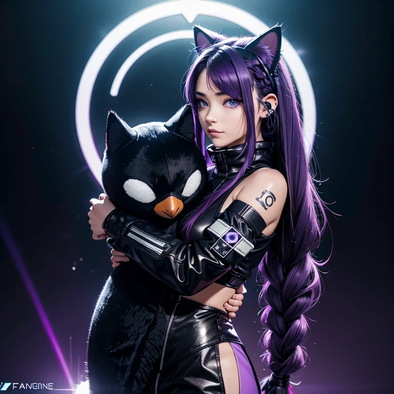 A cyber punk girlhugging a stuffed penguin,, oreilles de chat, Cat tail,; Dark and Purple hair, Braided long hair, , belle poitrine, clivage, Charismatic character, in a Halo of Light, Avatar de seconde vie, Nice screenshot, Femme seduisante vue complète du corps, High quality, very detailed skin