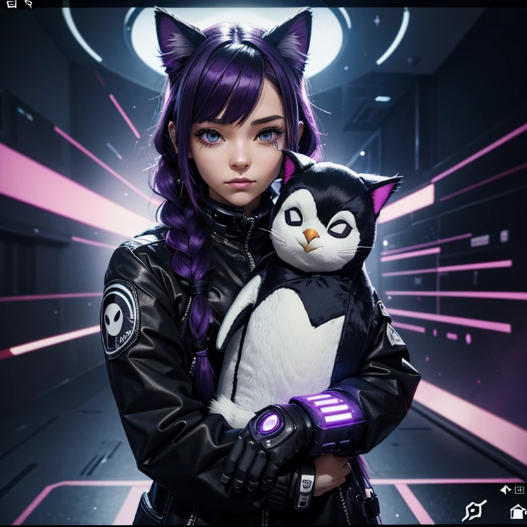 A cyber punk girlhugging a stuffed penguin,, oreilles de chat, Cat tail,; Dark and Purple hair, Braided long hair, , belle poitrine, clivage, Charismatic character, in a Halo of Light, Avatar de seconde vie, Nice screenshot, Femme seduisante vue complète du corps, High quality, very detailed skin