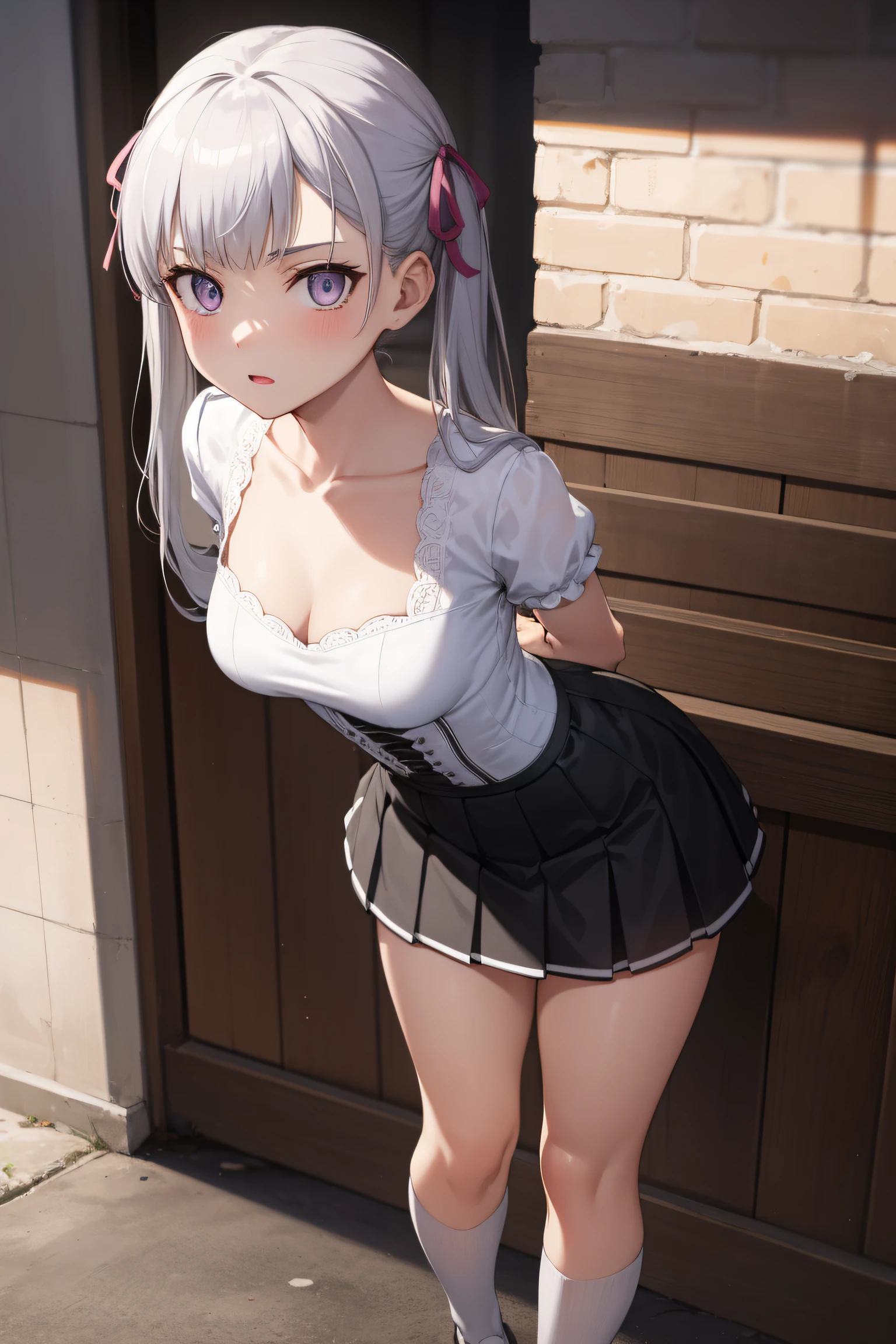 noellesilva, noelle silva, hair ribbon, long hair, (purple eyes:1.1), silver hair, twintails,
BREAK skirt, shirt, collarbone, white shirt, short sleeves, frills, shoes, socks, white socks, corset,
BREAK looking at viewer,standing, leaning forward, arms behind back,
BREAK indoors,
BREAK (masterpiece:1.2), best quality, high resolution, unity 8k wallpaper,NSFW ,(illustration:0.8), (beautiful detailed eyes:1.6), extremely detailed face, perfect lighting, extremely detailed CG, (perfect hands, perfect anatomy),