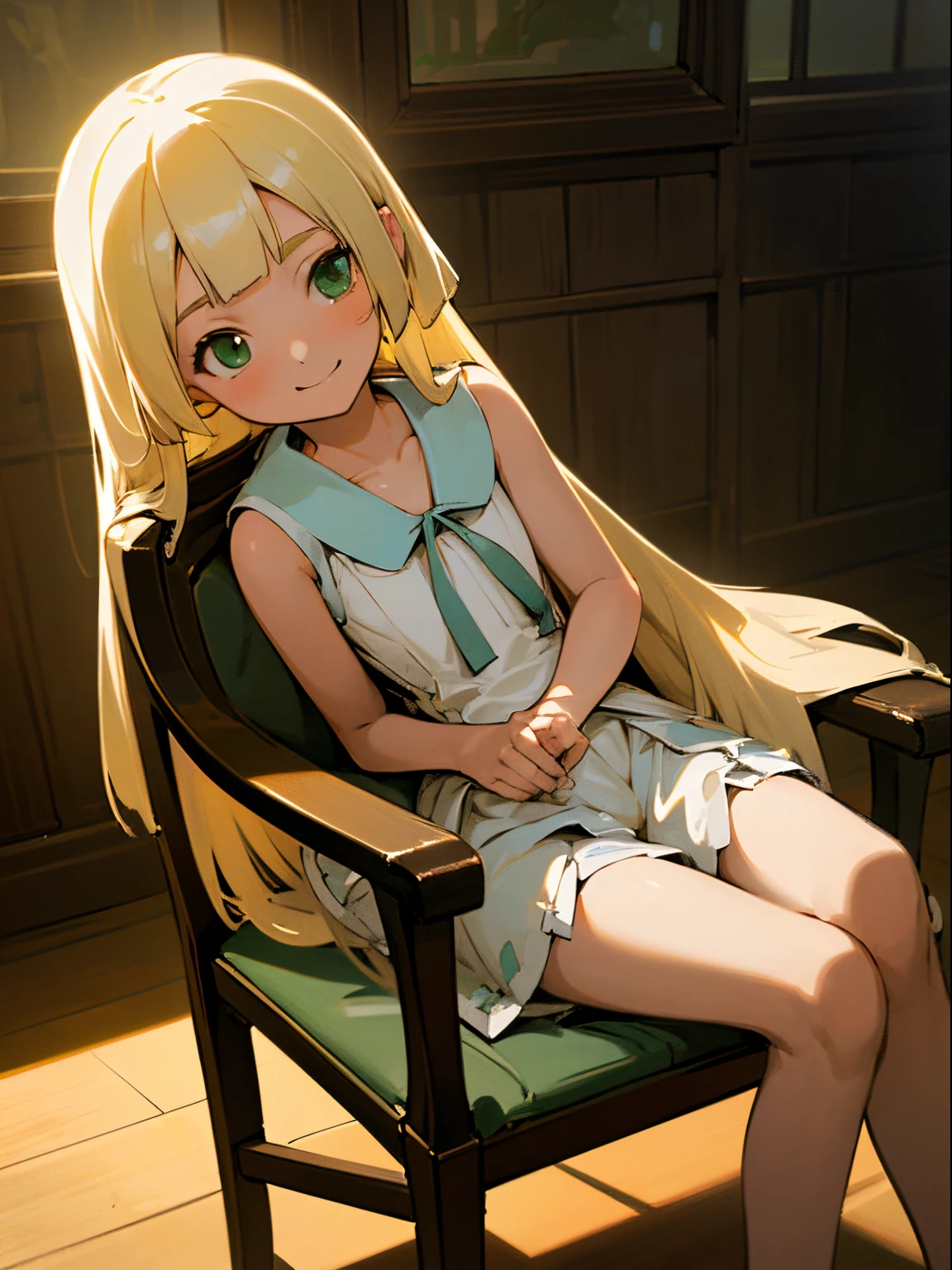 Lillie, long blonde hair, green eyes, 1girl, high quality, best quality, illustration, masterpiece, (highly detailed:1.2), (extremely detailed:1.3), flat chest, sleeveless, string ribbon, young girl, petite, shorts, loli, in a house, sitting on chair, innocent smile, specular lighting, moisturized skin