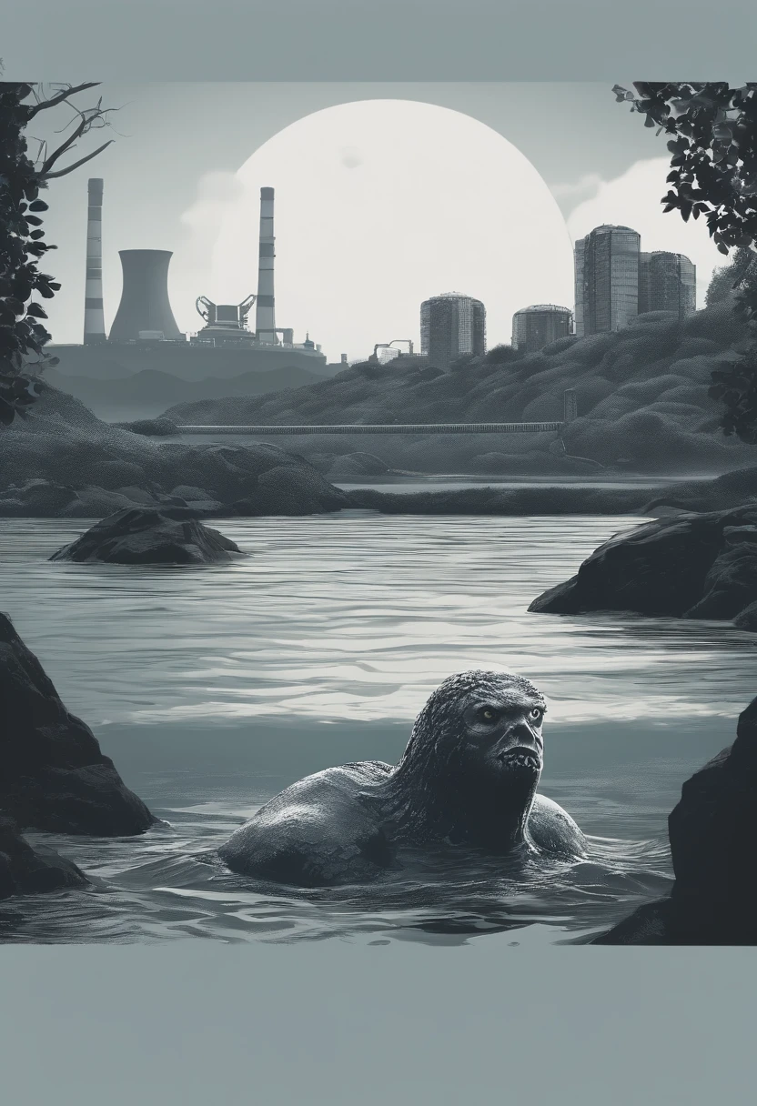 A giant monster with three heads bent over,Bare organs,Standing in the sea,The back is overgrown with nuclear reactor buildings,Vomiting excrement from the mouth into the sea,All the creatures in the sea died,Floating on the surface of the sea