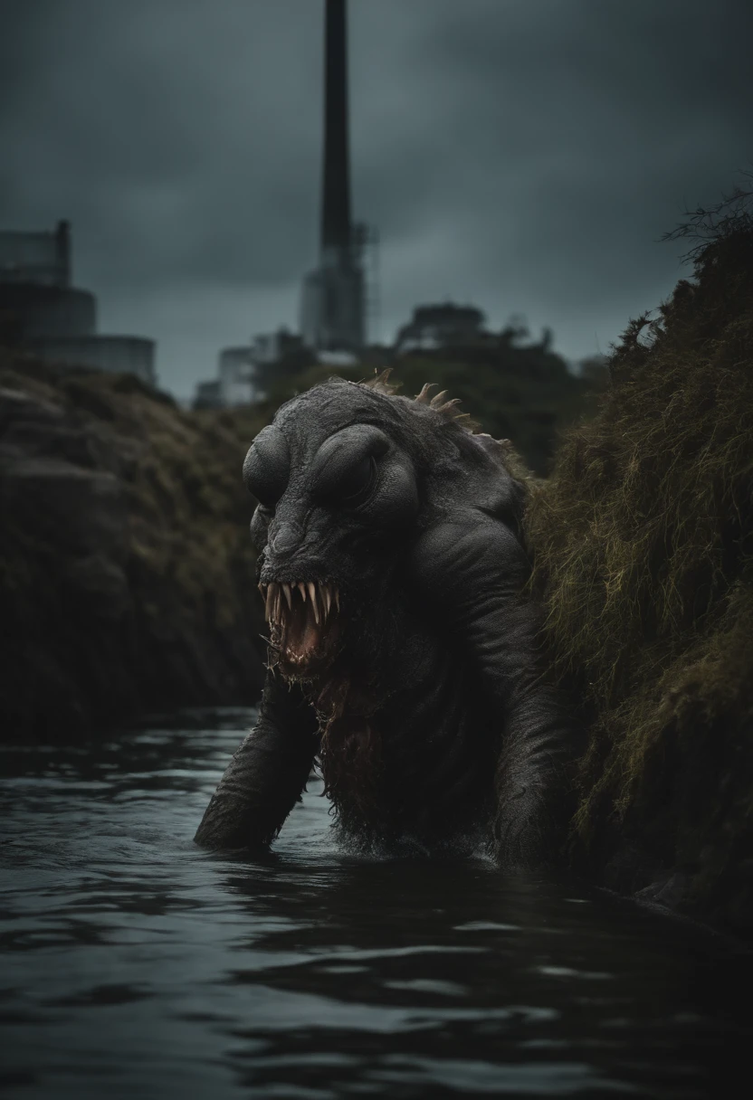 A giant monster with three heads bent over，Bare organs，Standing in the sea，The back is overgrown with nuclear reactor buildings，Vomiting excrement from the mouth into the sea，All the creatures in the sea died，Floating on the surface of the sea