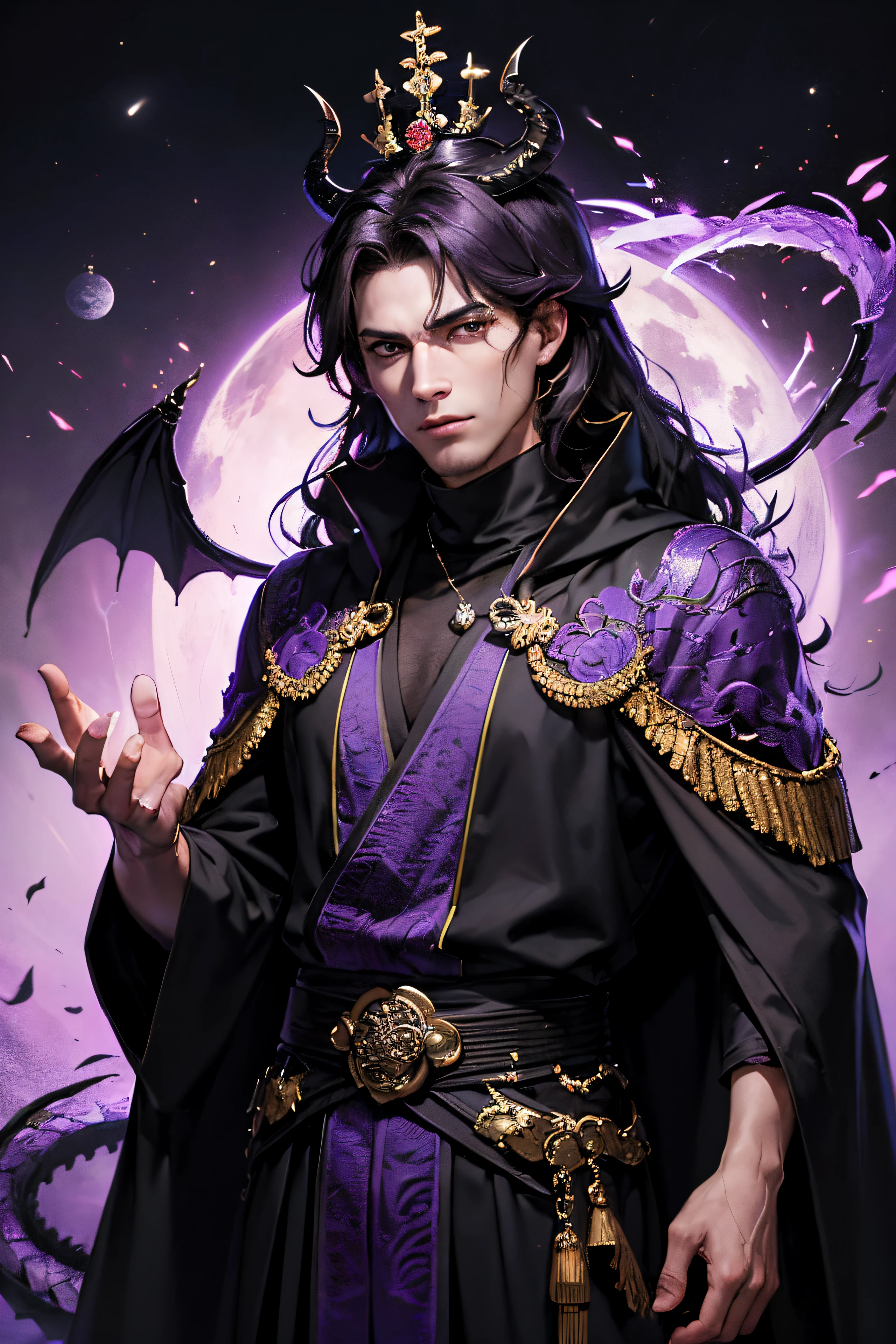 lots of details, real-world scenarios, high-definition photography, perfect hands, perfect eyes, perfect skin, perfect face, fierce 4k, masterpiece, looking at viewer, ((1 man 30 years old)), handsome, demon, king, emperor, warrior, (wearing a emperor crown), messy black long hair, mountain, large moon, (((wearing a royal black long robe with bright purple dragon embroidery))), black turtleneck shirt, black pants, (((male))), battle pose, dragon, devilish gaze, cool and seductive, evil God, (((seductive gaze)))