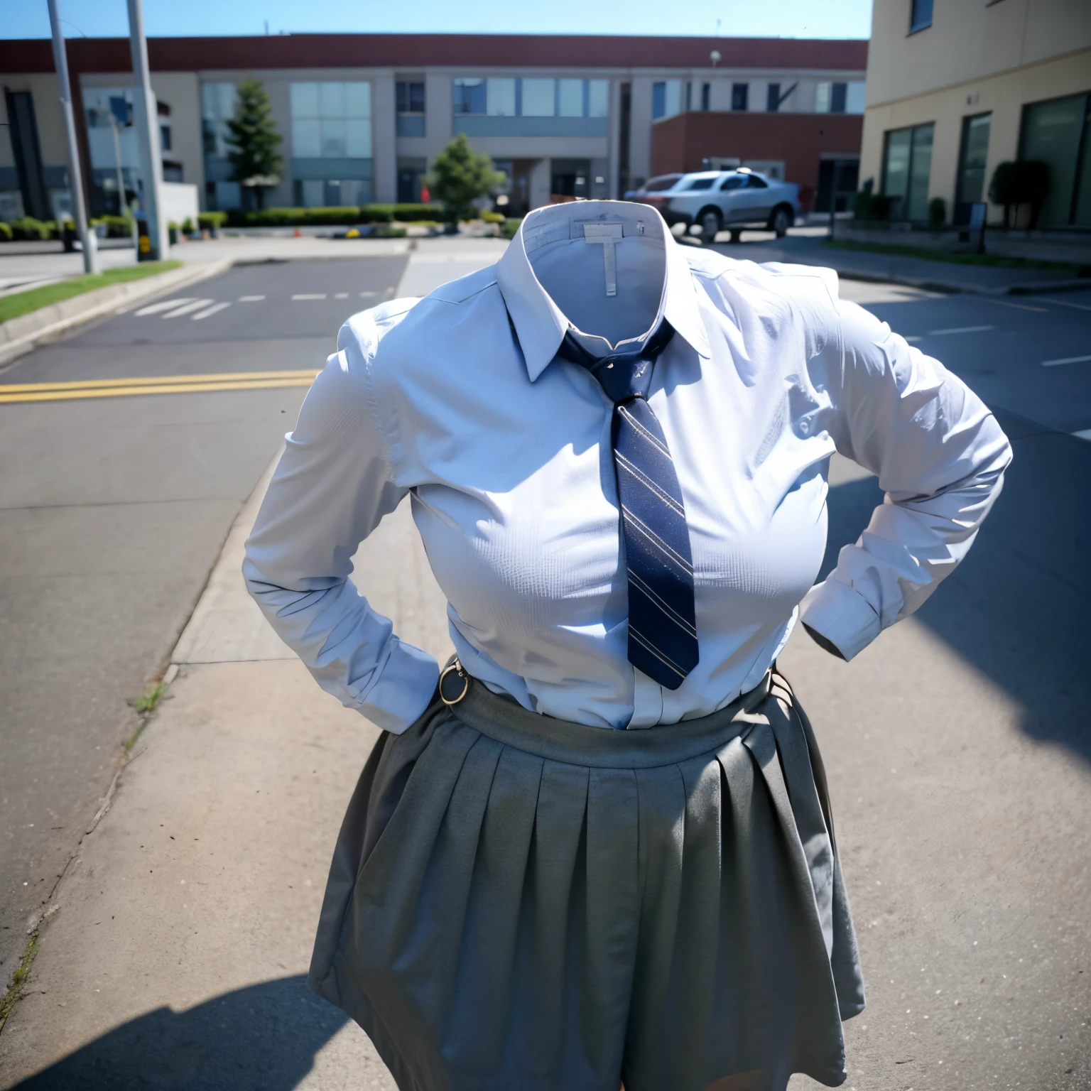 (chubby, fat), school uniform, school tie, in summer, (from above:1.3), (chest pocket), (cute pose), (invisible, no humans, headless, faceless:1.5), (cute big breasts), (close-up shot of hip), (16k, RAW photo, best quality, masterpiece:1.3), (realistic, photo-realistic:1.37), photon mapping, radiosity, ((Hasselblad photography)), physically-based rendering
