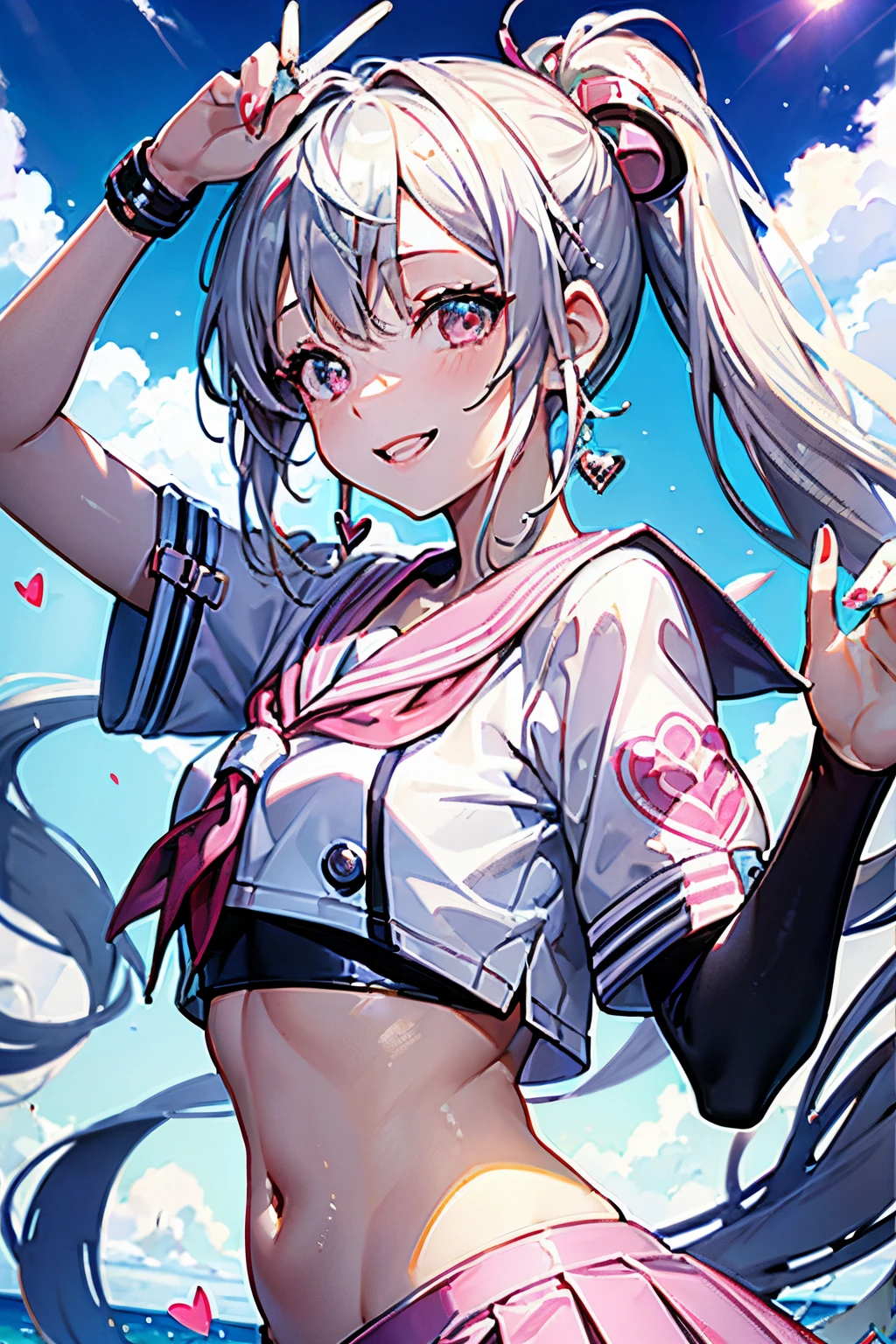 (masutepiece, Best Quality:1.2), 1girl in, 独奏, Cute,digitalart、Pink lips、Sailor Suit,Ultra mini skirt､blue-sky、with the sun shining on it、(Twin-tailed, Beautiful hair, Silver hair.Flowing in the wind)、Cyber City、Colorful Nails、Heart earrings that shine in your ears, laught(Smile with your mouth slightly open)、glistning skin、Composition in which the whole body is visible、Small-faced beauty、towards us ,perfect-composition、Perfect light and shadow delicacy、in 8K